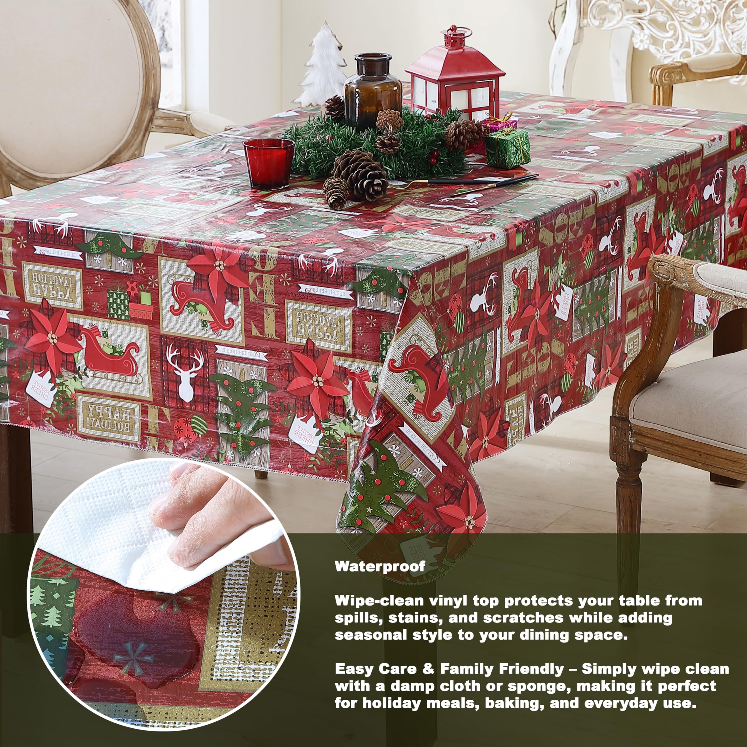 Newbridge Red Sleigh Bells Ring Vinyl Christmas Tablecloth with Flannel Backing, Country Rustic Moose Antlers & Sleighs, Wipe Clean, 52 x 52 Inch Square - Image 3