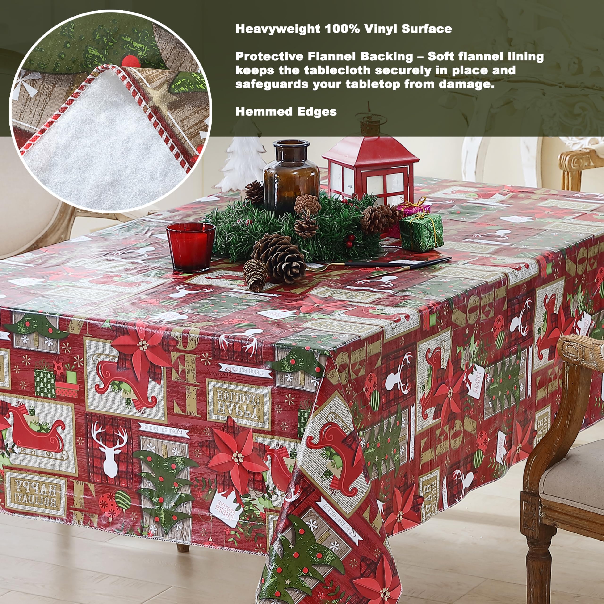 Newbridge Red Sleigh Bells Ring Vinyl Christmas Tablecloth with Flannel Backing, Country Rustic Moose Antlers & Sleighs, Wipe Clean, 52 x 52 Inch Square - Image 4