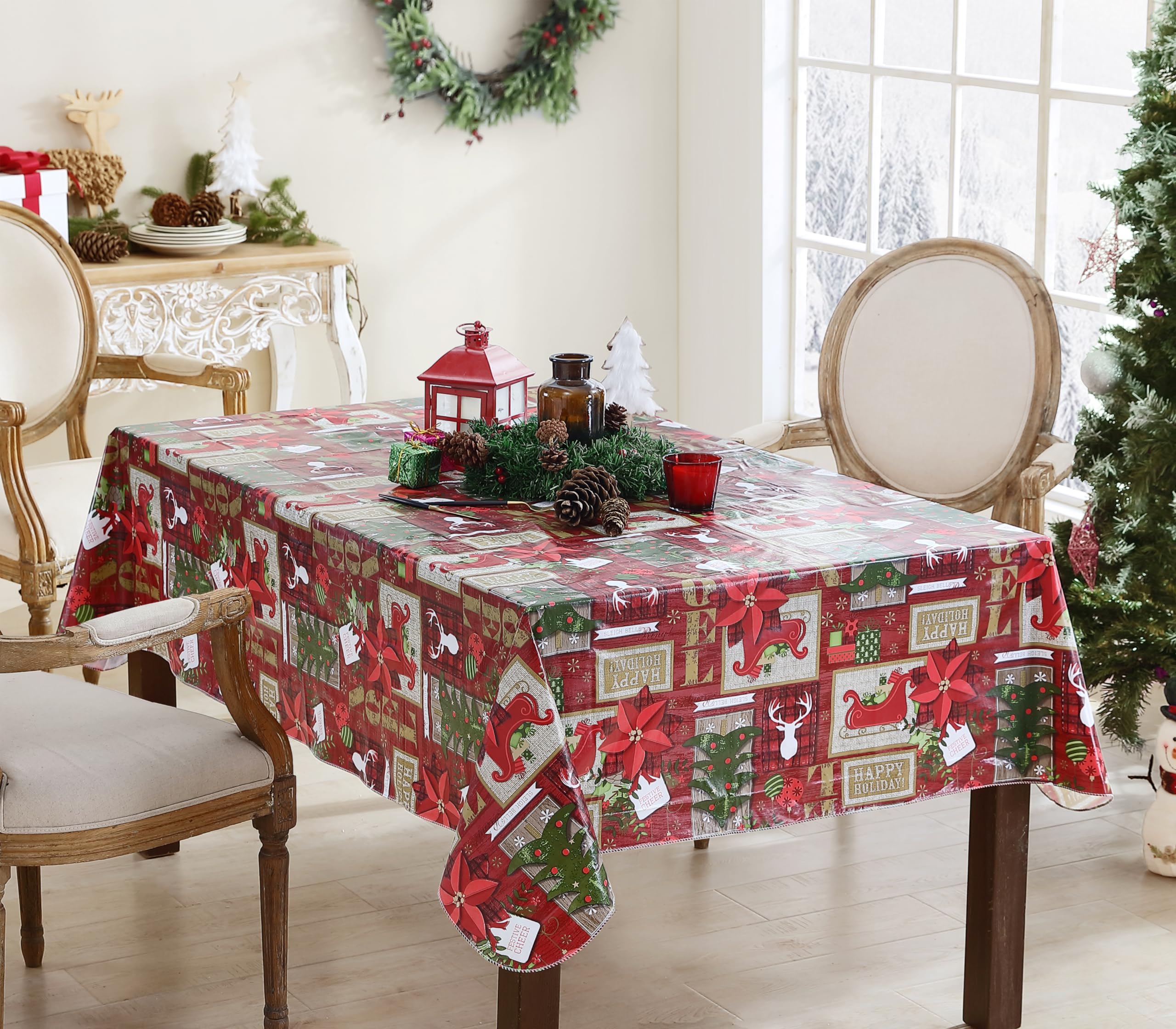 Newbridge Red Sleigh Bells Ring Vinyl Christmas Tablecloth with Flannel Backing, Country Rustic Moose Antlers & Sleighs, Wipe Clean, 52 x 52 Inch Square - Image 5