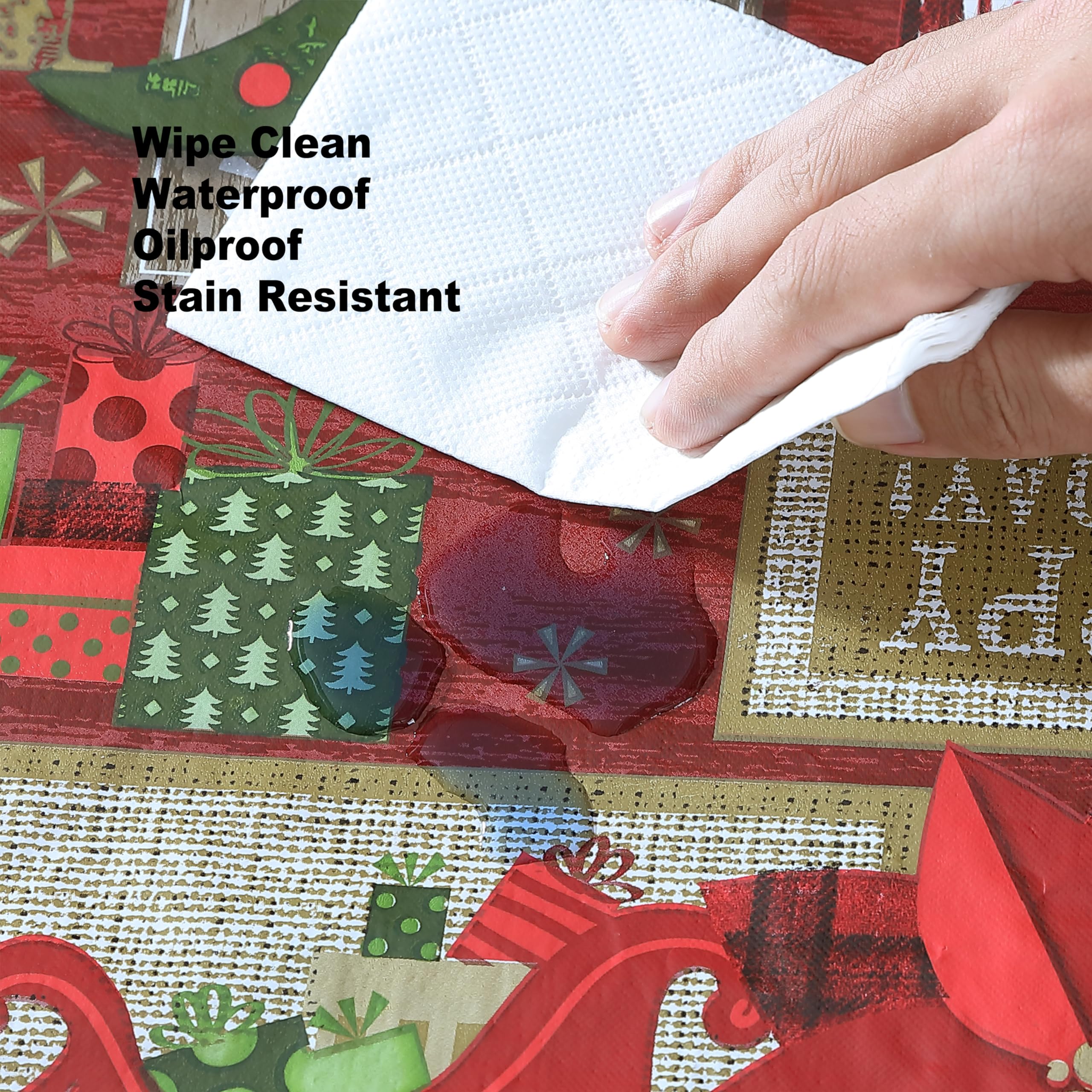 Newbridge Red Sleigh Bells Ring Vinyl Christmas Tablecloth with Flannel Backing, Country Rustic Moose Antlers & Sleighs, Wipe Clean, 52 x 52 Inch Square - Image 6