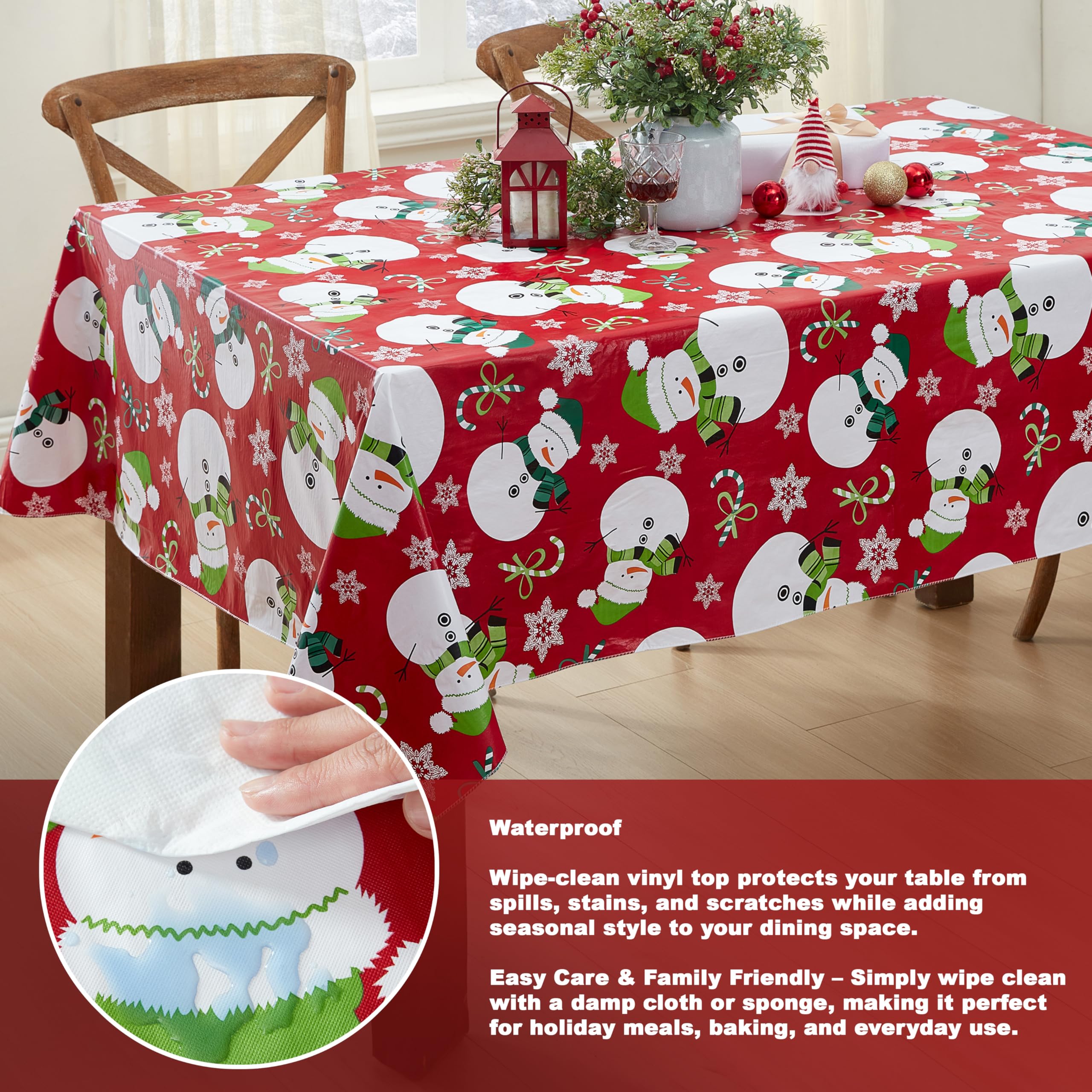 Newbridge Red Swirling Snowman Christmas 52 x 52 Inch Square Vinyl Tablecloth with Flannel Backing – Candy Cane, Snowflake & Green Scarf Snowmen Print Easy-Care Wipe Clean Table Cover - Image 3