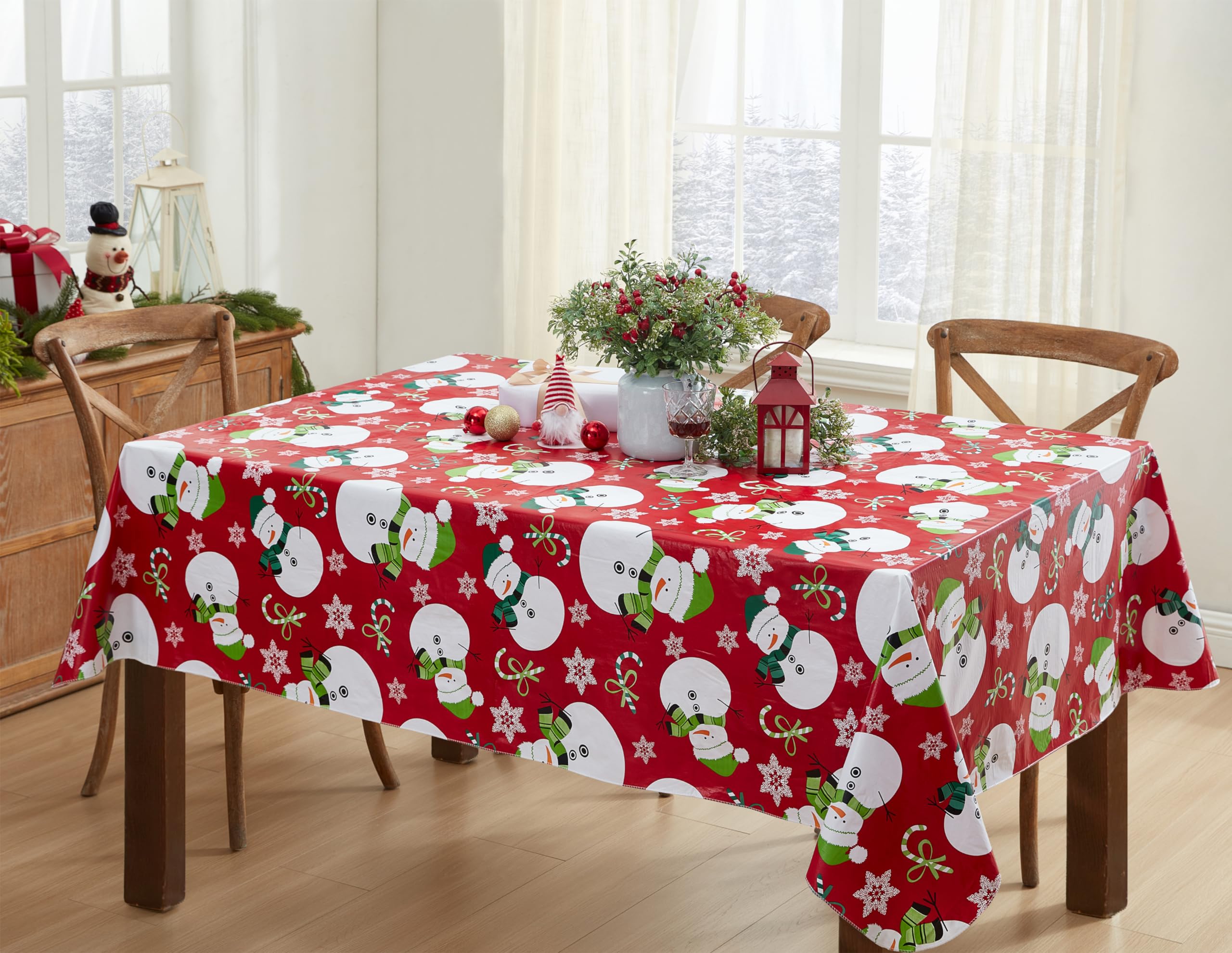 Newbridge Red Swirling Snowman Christmas 52 x 52 Inch Square Vinyl Tablecloth with Flannel Backing – Candy Cane, Snowflake & Green Scarf Snowmen Print Easy-Care Wipe Clean Table Cover - Image 5