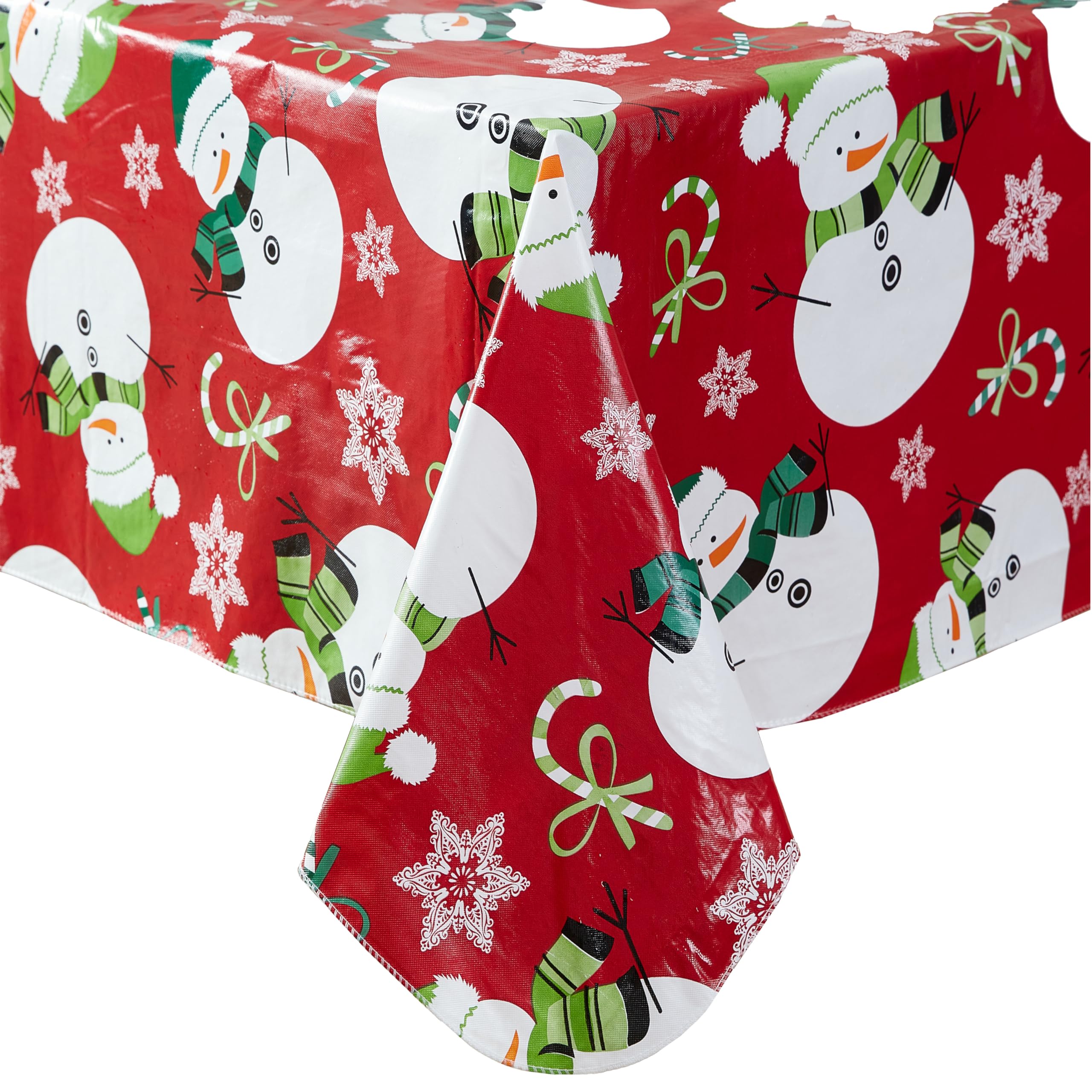 Newbridge Red Swirling Snowman Christmas 52 x 52 Inch Square Vinyl Tablecloth with Flannel Backing – Candy Cane, Snowflake & Green Scarf Snowmen Print Easy-Care Wipe Clean Table Cover - Image 8