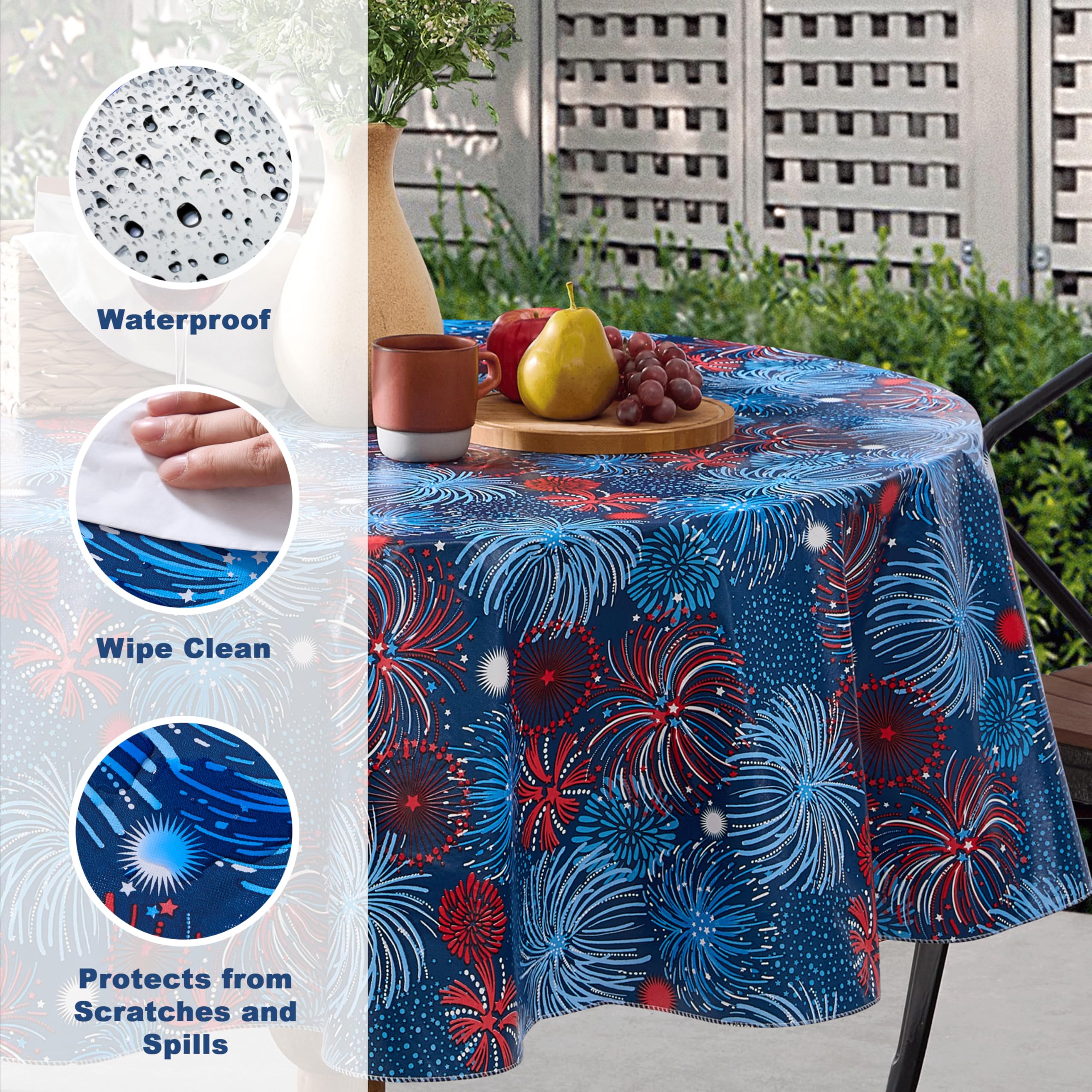 Newbridge Round Vinyl Flannel Backed Umbrella Tablecloth, 70 Inch, Fireworks Celebration, Indoor/Outdoor Party Umbrella Table Cover, Americana Red, White and Blue Fireworks - Image 3