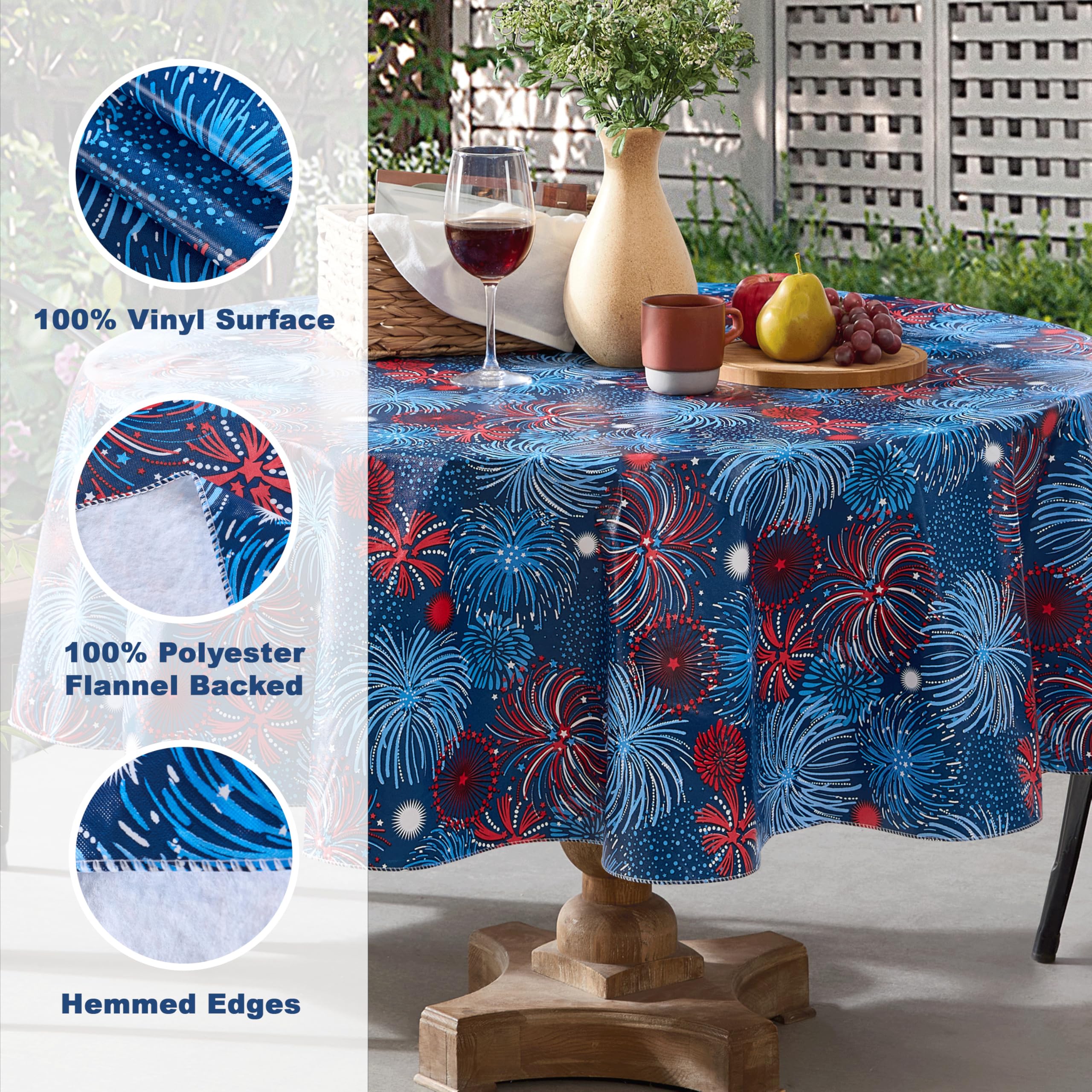 Newbridge Round Vinyl Flannel Backed Umbrella Tablecloth, 70 Inch, Fireworks Celebration, Indoor/Outdoor Party Umbrella Table Cover, Americana Red, White and Blue Fireworks - Image 4