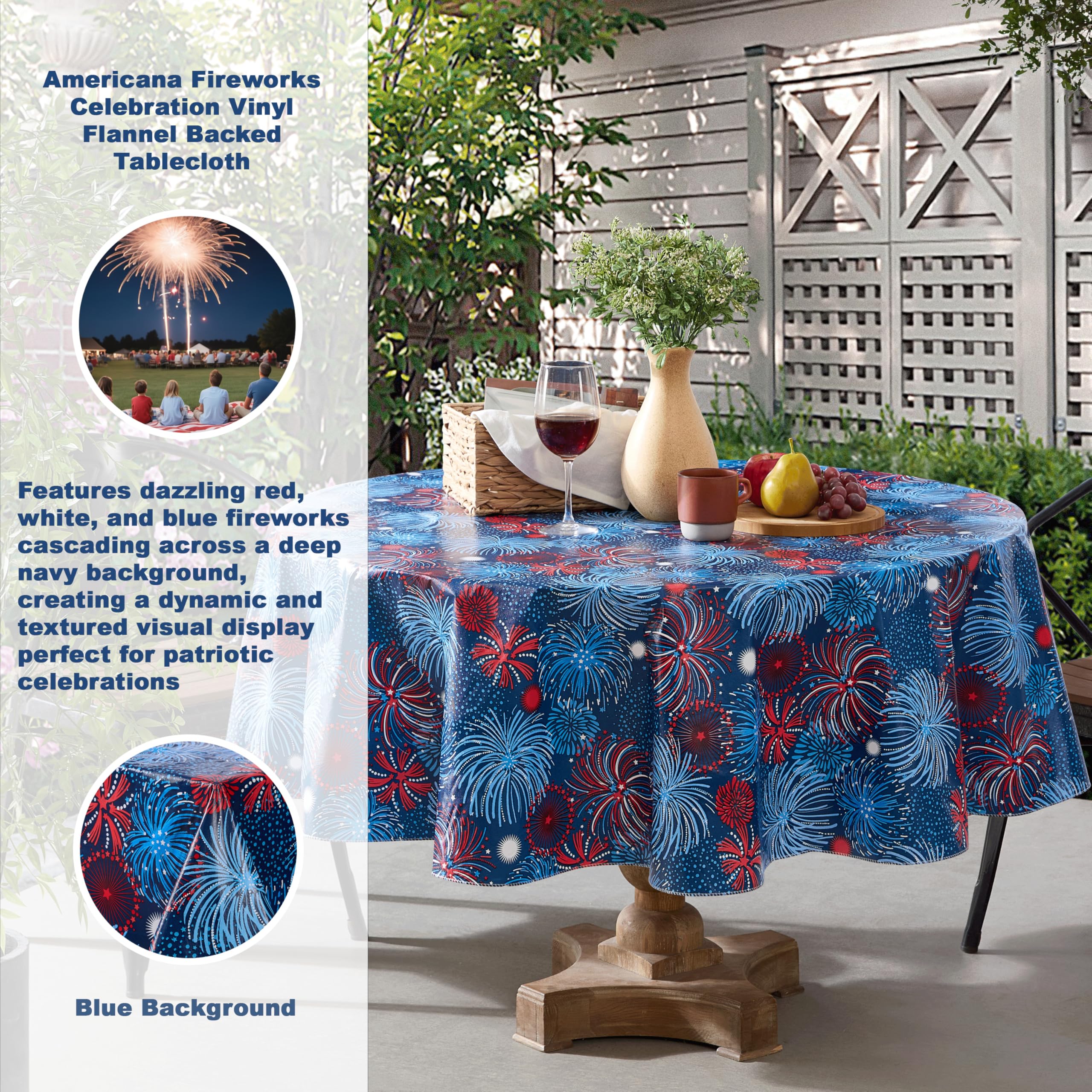Newbridge Round Vinyl Flannel Backed Umbrella Tablecloth, 70 Inch, Fireworks Celebration, Indoor/Outdoor Party Umbrella Table Cover, Americana Red, White and Blue Fireworks - Image 5