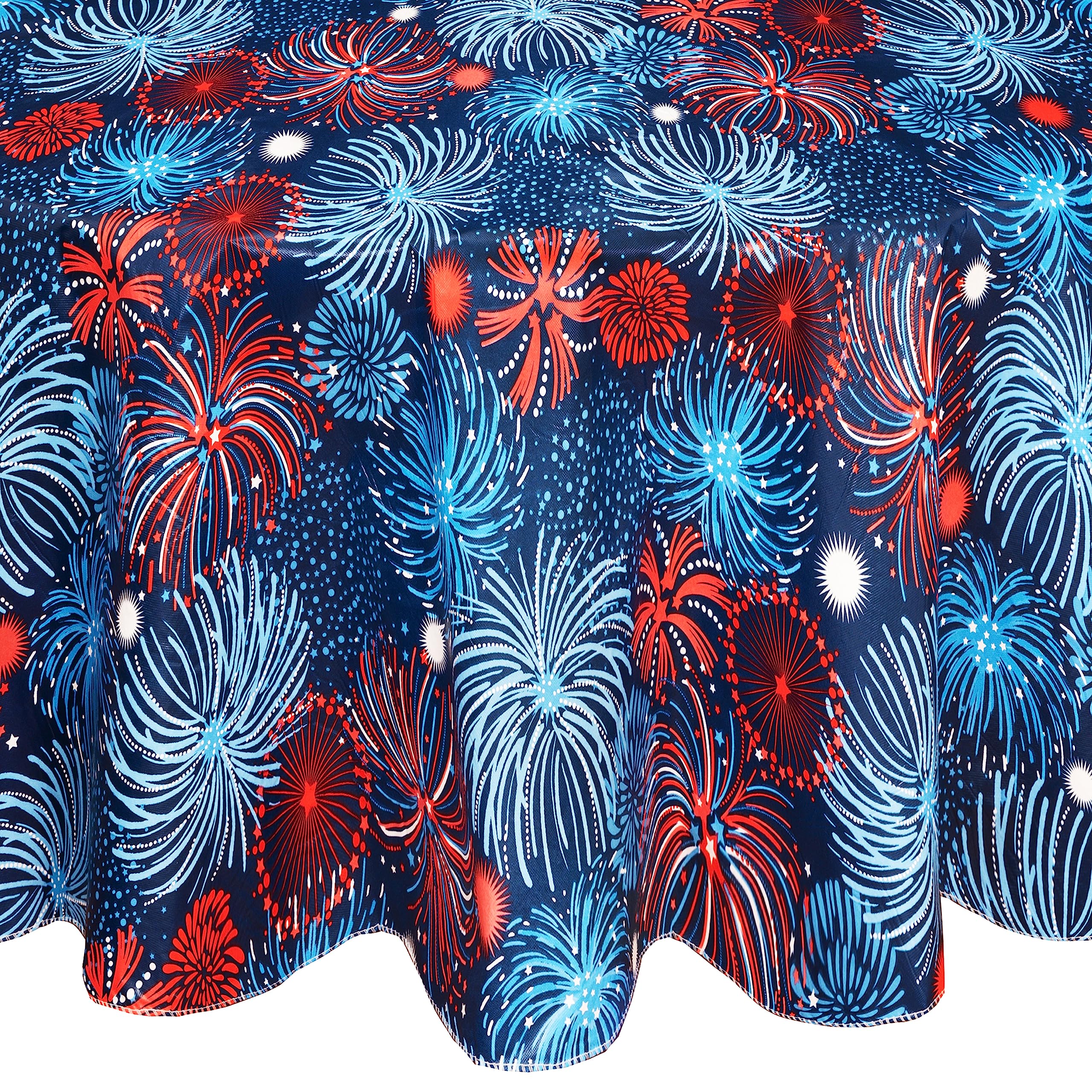 Newbridge Round Vinyl Flannel Backed Umbrella Tablecloth, 70 Inch, Fireworks Celebration, Indoor/Outdoor Party Umbrella Table Cover, Americana Red, White and Blue Fireworks - Image 9