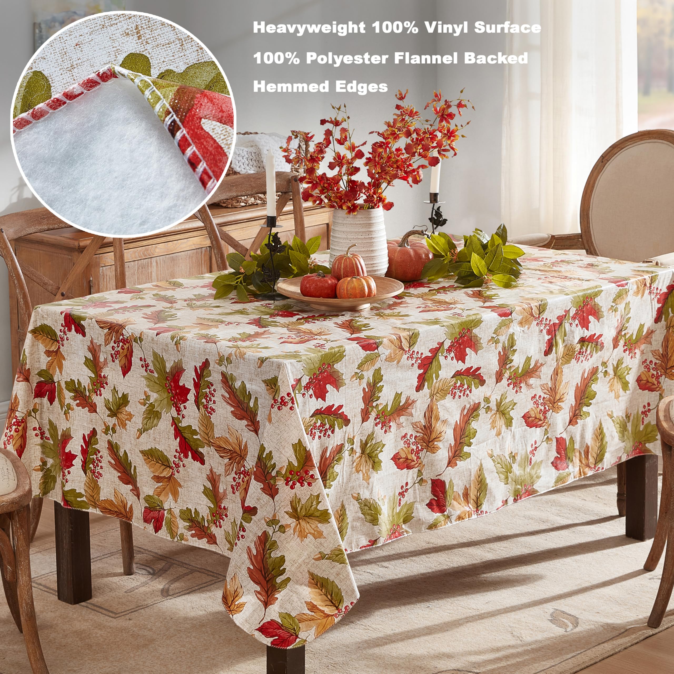 Newbridge Rustic Acorn & Leaf Fall Vinyl Tablecloth with Flannel Backing, 52 x 52 Inch Square – Autumn Thanksgiving Dining Room Table Cover - Image 4