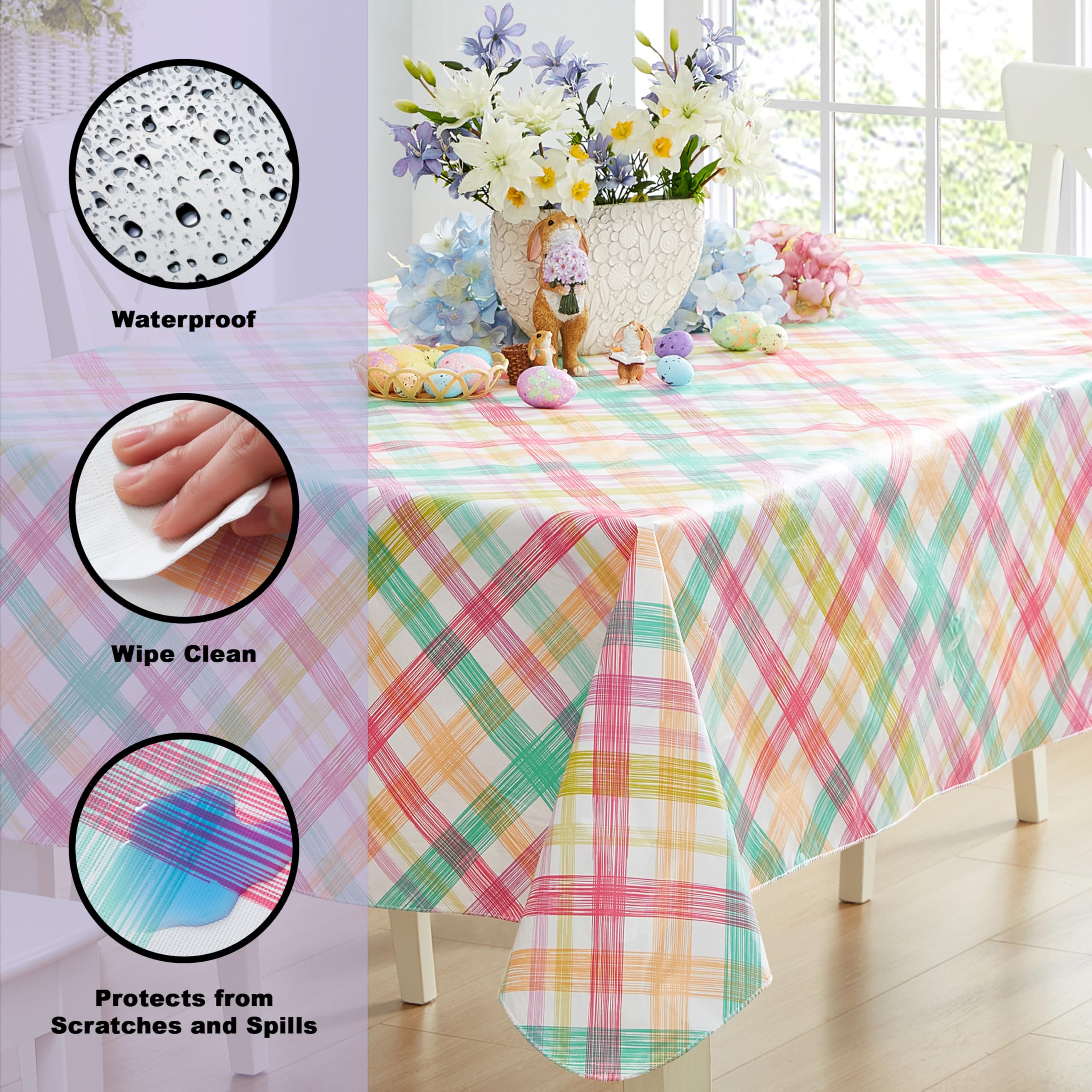 Newbridge Simone Pastel Plaid Vinyl Flannel Backed Tablecloth – 52 x 52 Inch Square – Wipe Clean Indoor/Outdoor Vinyl Table Cover with Flannel Backing, Cottage-Style Pastel Plaid - Image 3
