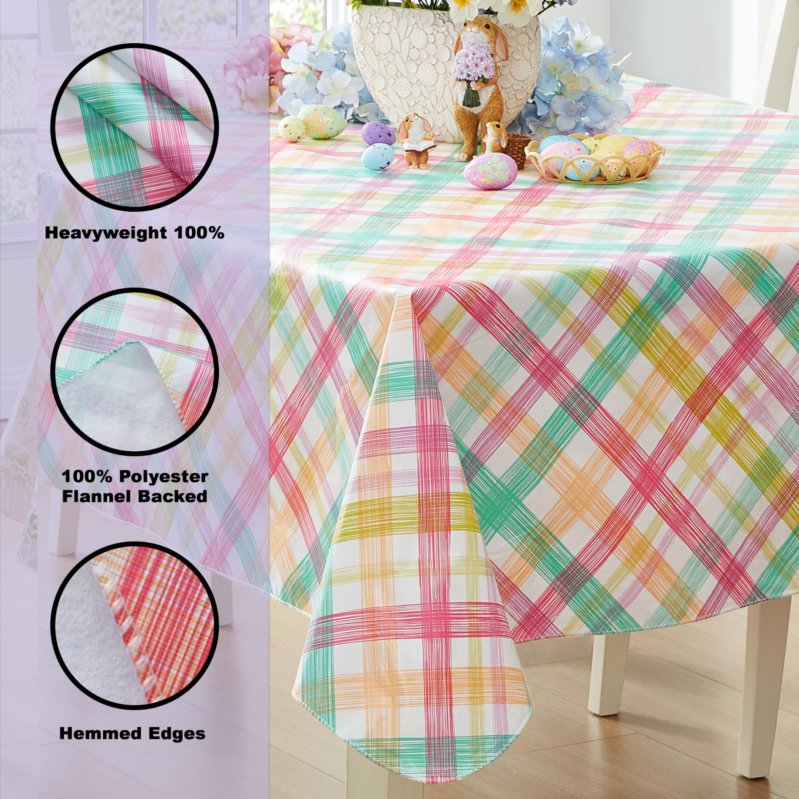 Newbridge Simone Pastel Plaid Vinyl Flannel Backed Tablecloth – 52 x 52 Inch Square – Wipe Clean Indoor/Outdoor Vinyl Table Cover with Flannel Backing, Cottage-Style Pastel Plaid - Image 4