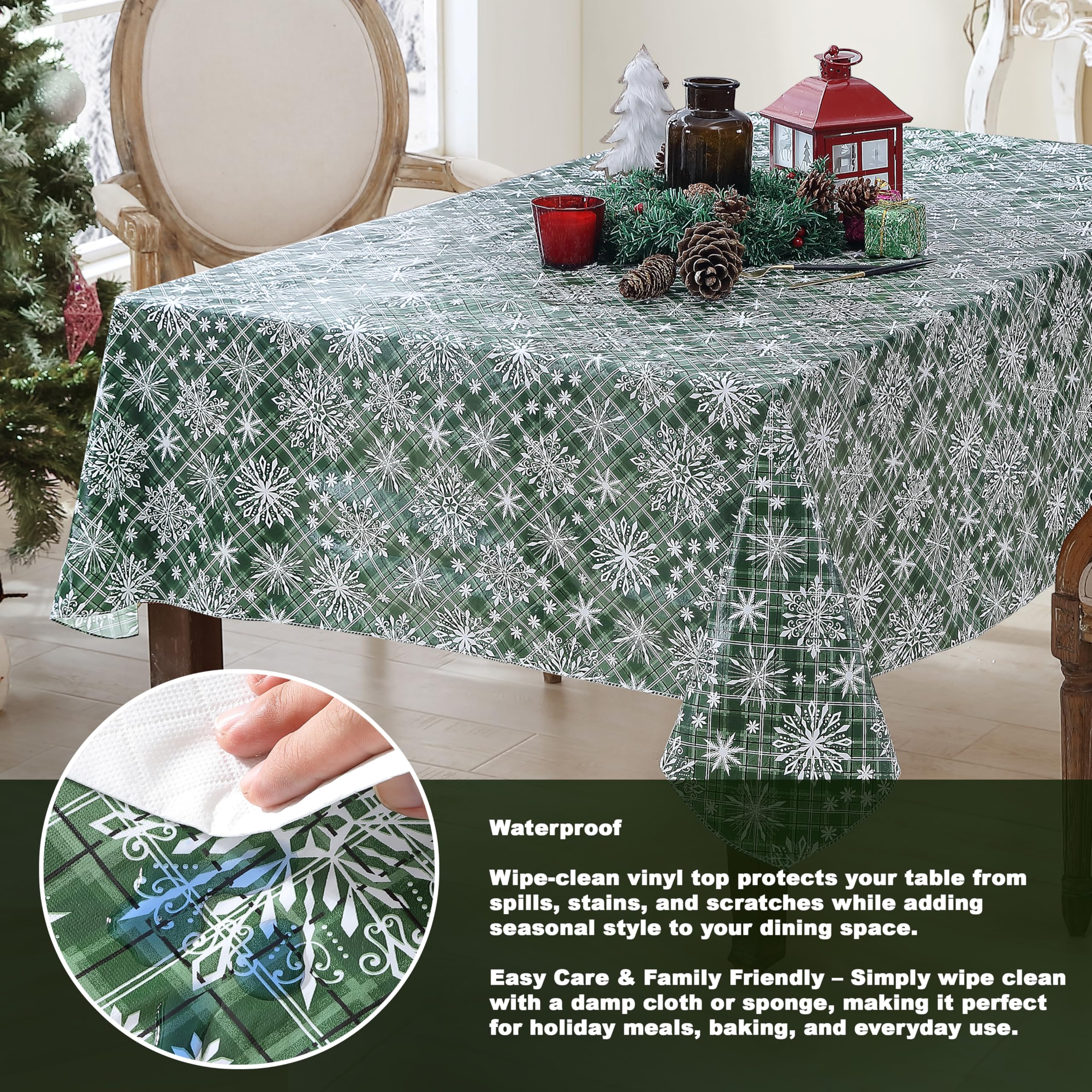 Newbridge Snowfall Snowflake Plaid Christmas Vinyl Tablecloth with Flannel Backing, Green, Wipe Clean Contemporary Snowflake Design, 52 x 52 Inch Square - Image 3