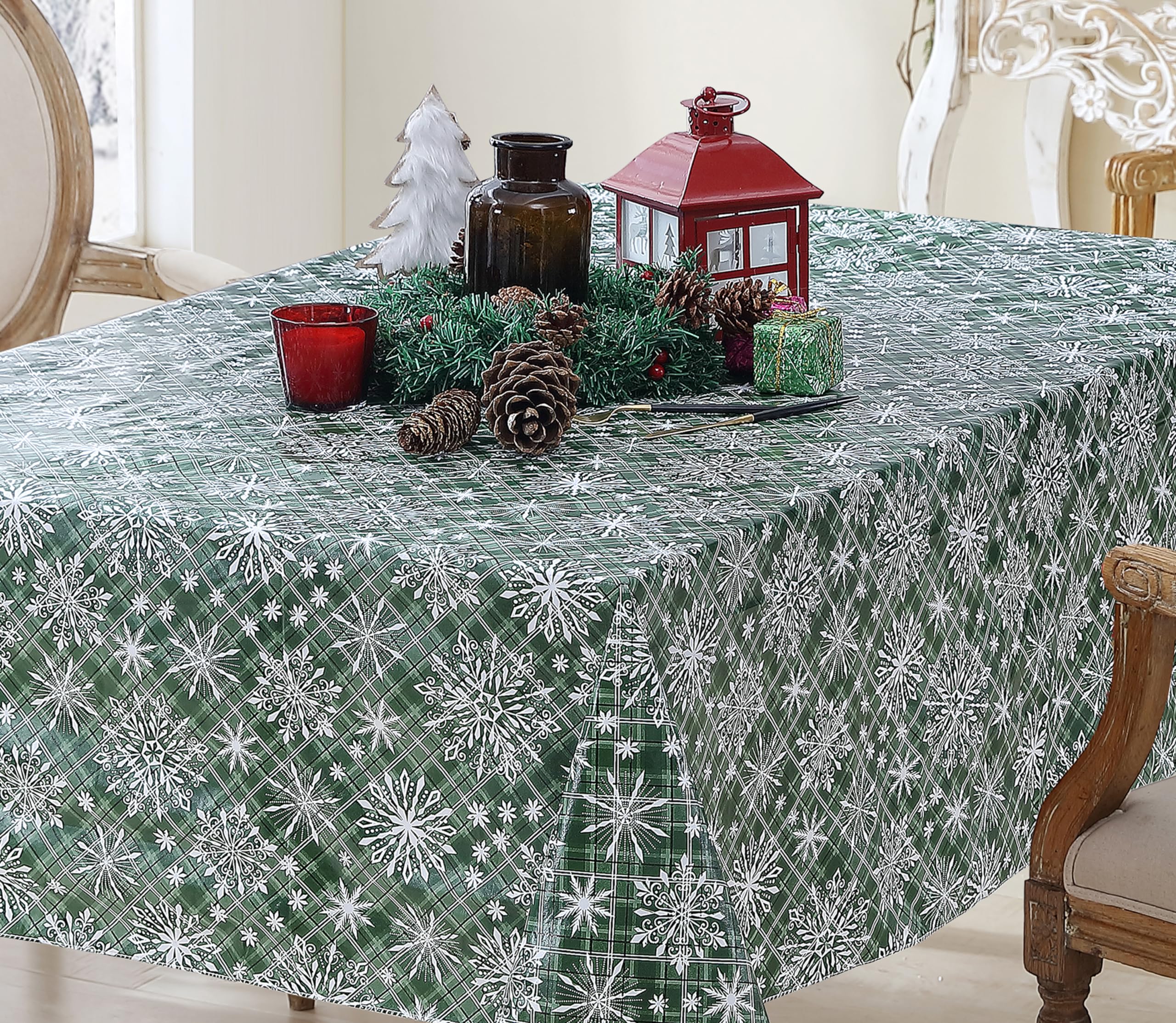 Newbridge Snowfall Snowflake Plaid Christmas Vinyl Tablecloth with Flannel Backing, Green, Wipe Clean Contemporary Snowflake Design, 52 x 52 Inch Square - Image 6