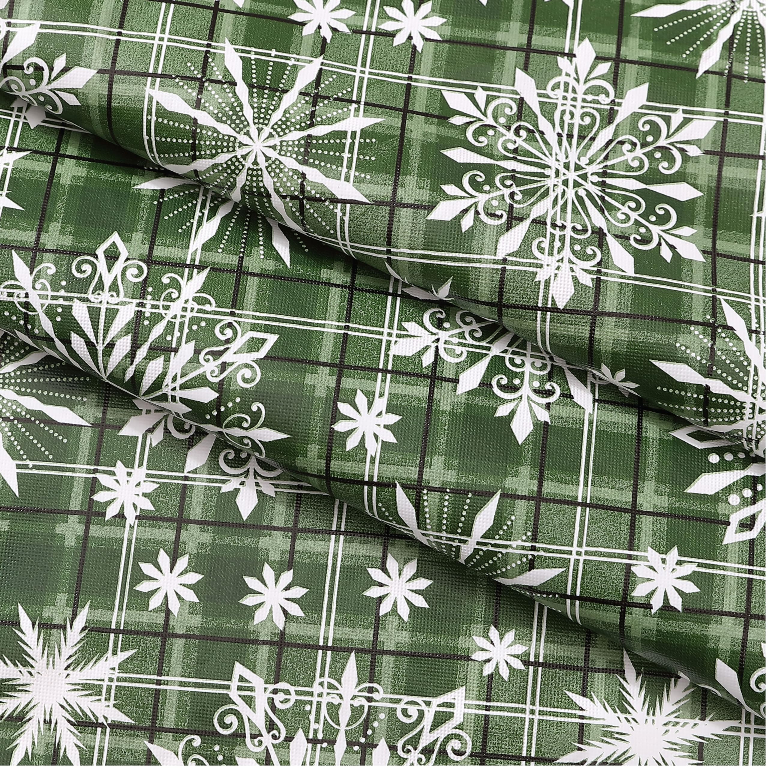 Newbridge Snowfall Snowflake Plaid Christmas Vinyl Tablecloth with Flannel Backing, Green, Wipe Clean Contemporary Snowflake Design, 52 x 52 Inch Square - Image 8