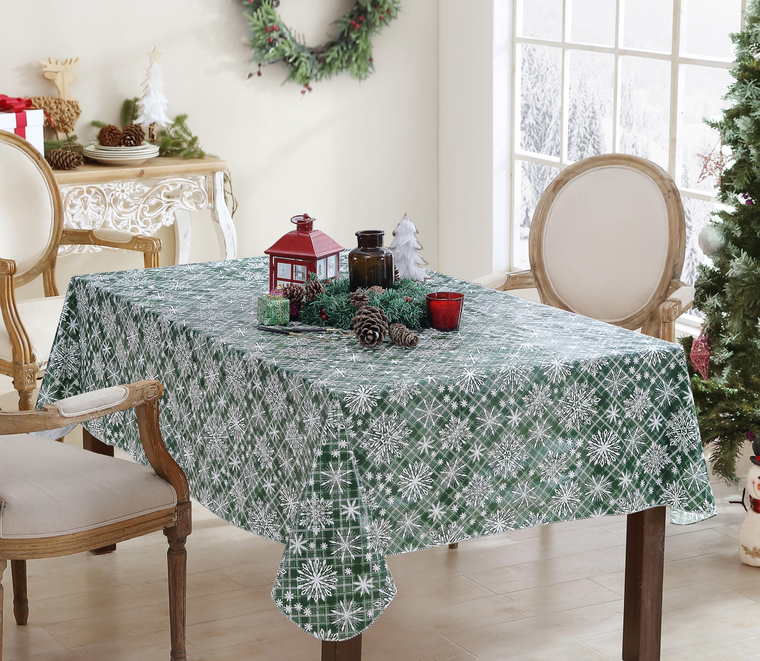 Newbridge Snowfall Snowflake Plaid Christmas Vinyl Tablecloth with Flannel Backing, Green, Wipe Clean Contemporary Snowflake Design, 52 x 52 Inch Square - Image 9