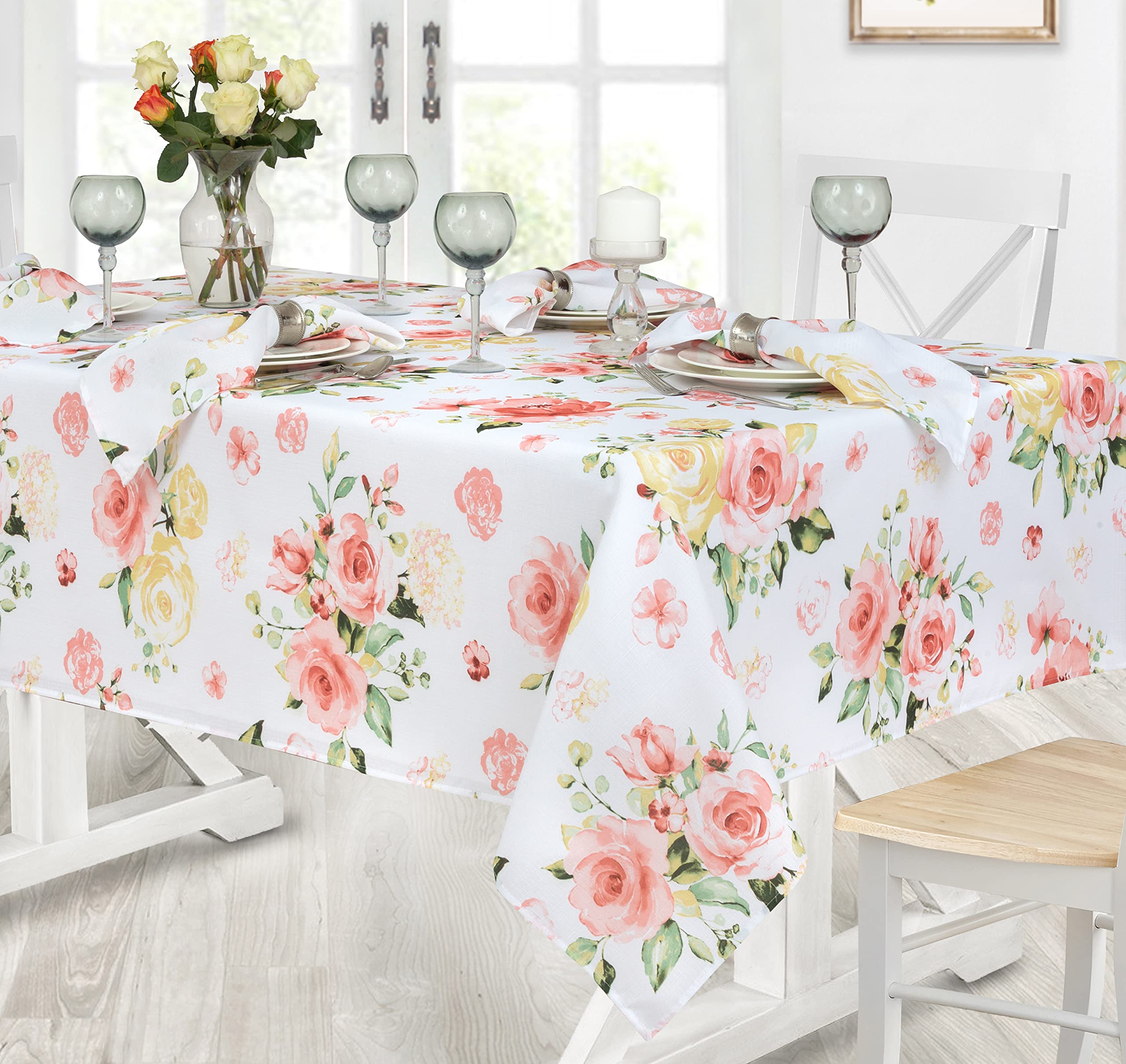 Newbridge Spring and Easter Marie Yellow and Pink Rose Petal Floral Rectangle 52 x 70 Inch Fabric Tablecloth, Stain and Wrinkle Resistant Tablecloth for Holiday Indoor and Outdoor Dining - Image 3
