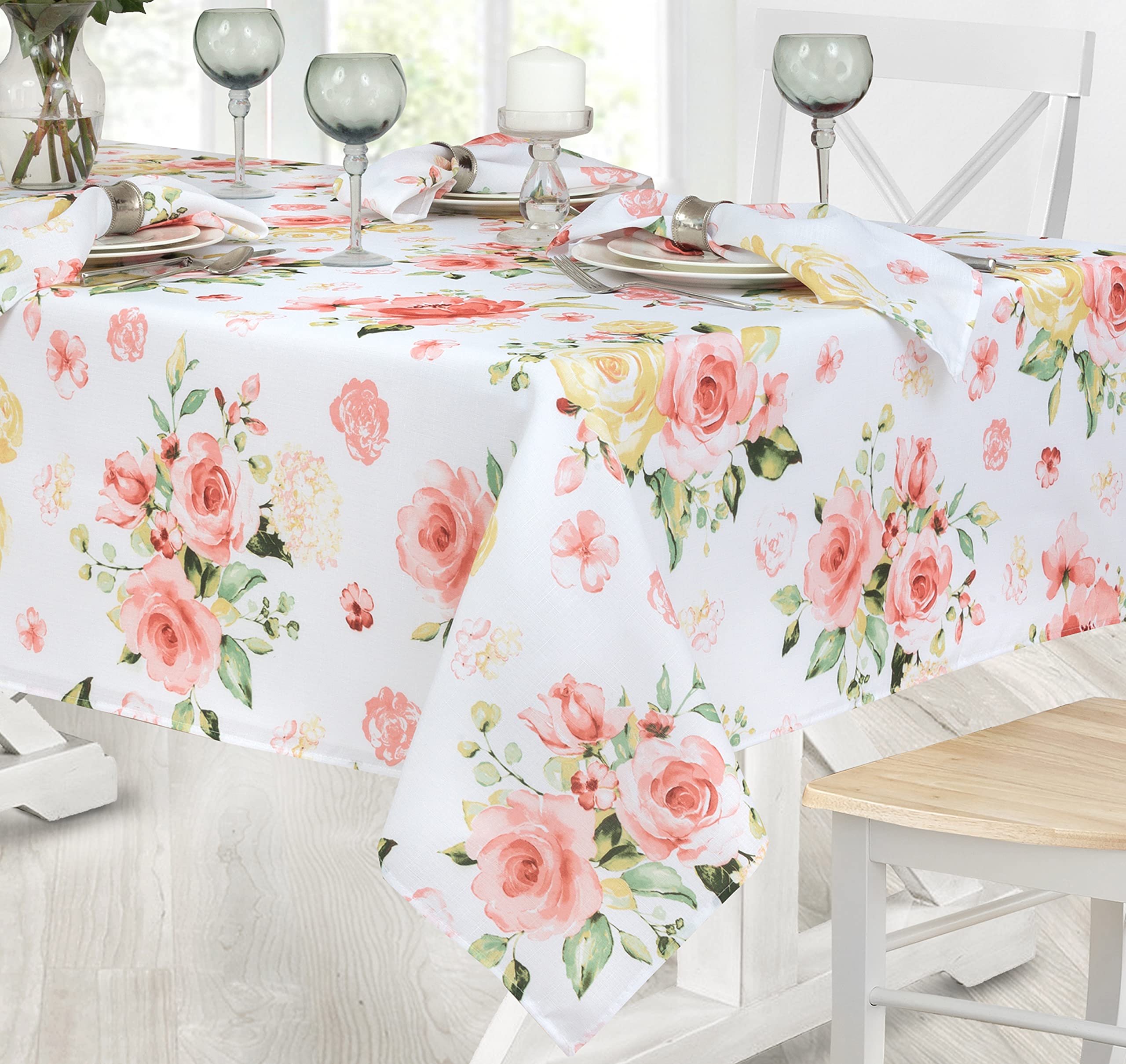 Newbridge Spring and Easter Marie Yellow and Pink Rose Petal Floral Rectangle 52 x 70 Inch Fabric Tablecloth, Stain and Wrinkle Resistant Tablecloth for Holiday Indoor and Outdoor Dining - Image 6