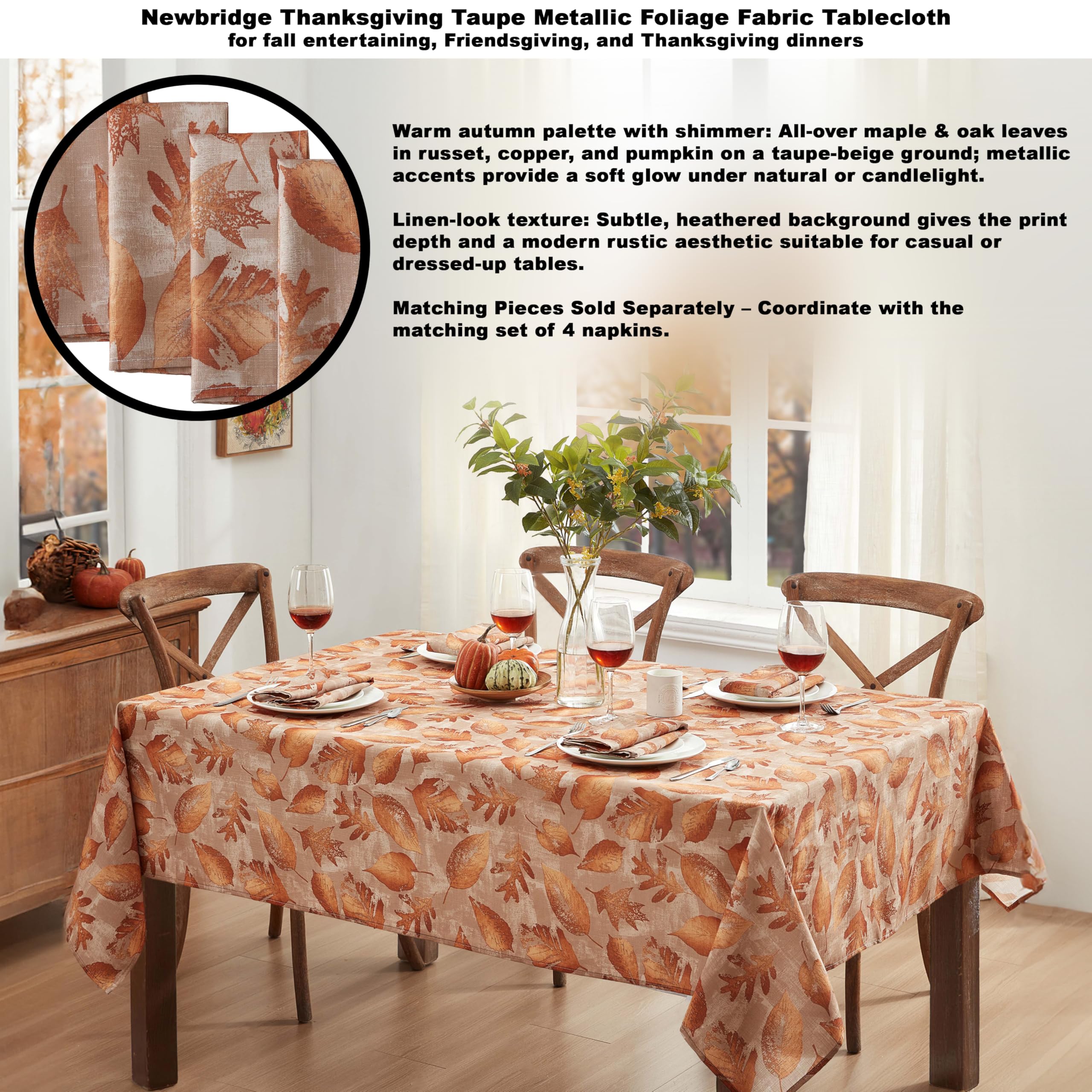 Newbridge Spring Lodge Taupe Metallic Foliage Contemporary Rectangle Fabric Tablecloth, 60 x 84 Inch, Autumn Golden Metallic Leaf Print, Soil Resistant No Iron Easy Care Holiday Dinner Table Cover - Image 3