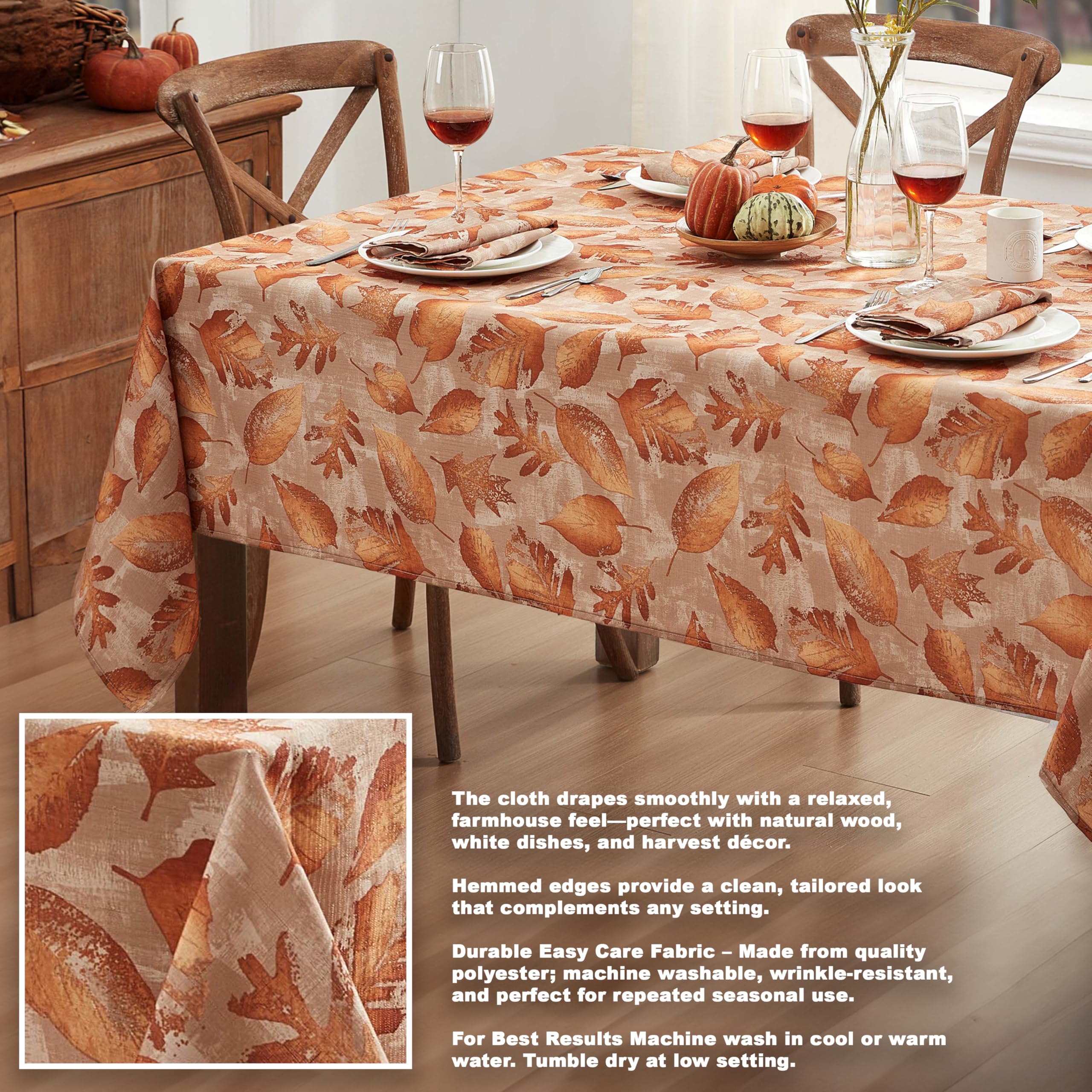 Newbridge Spring Lodge Taupe Metallic Foliage Contemporary Rectangle Fabric Tablecloth, 60 x 84 Inch, Autumn Golden Metallic Leaf Print, Soil Resistant No Iron Easy Care Holiday Dinner Table Cover - Image 4