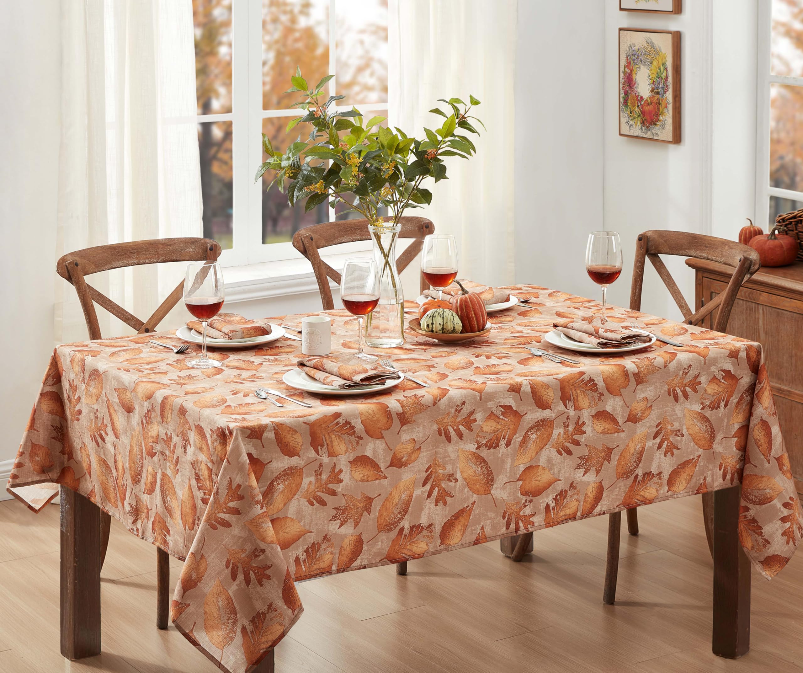 Newbridge Spring Lodge Taupe Metallic Foliage Contemporary Rectangle Fabric Tablecloth, 60 x 84 Inch, Autumn Golden Metallic Leaf Print, Soil Resistant No Iron Easy Care Holiday Dinner Table Cover - Image 6