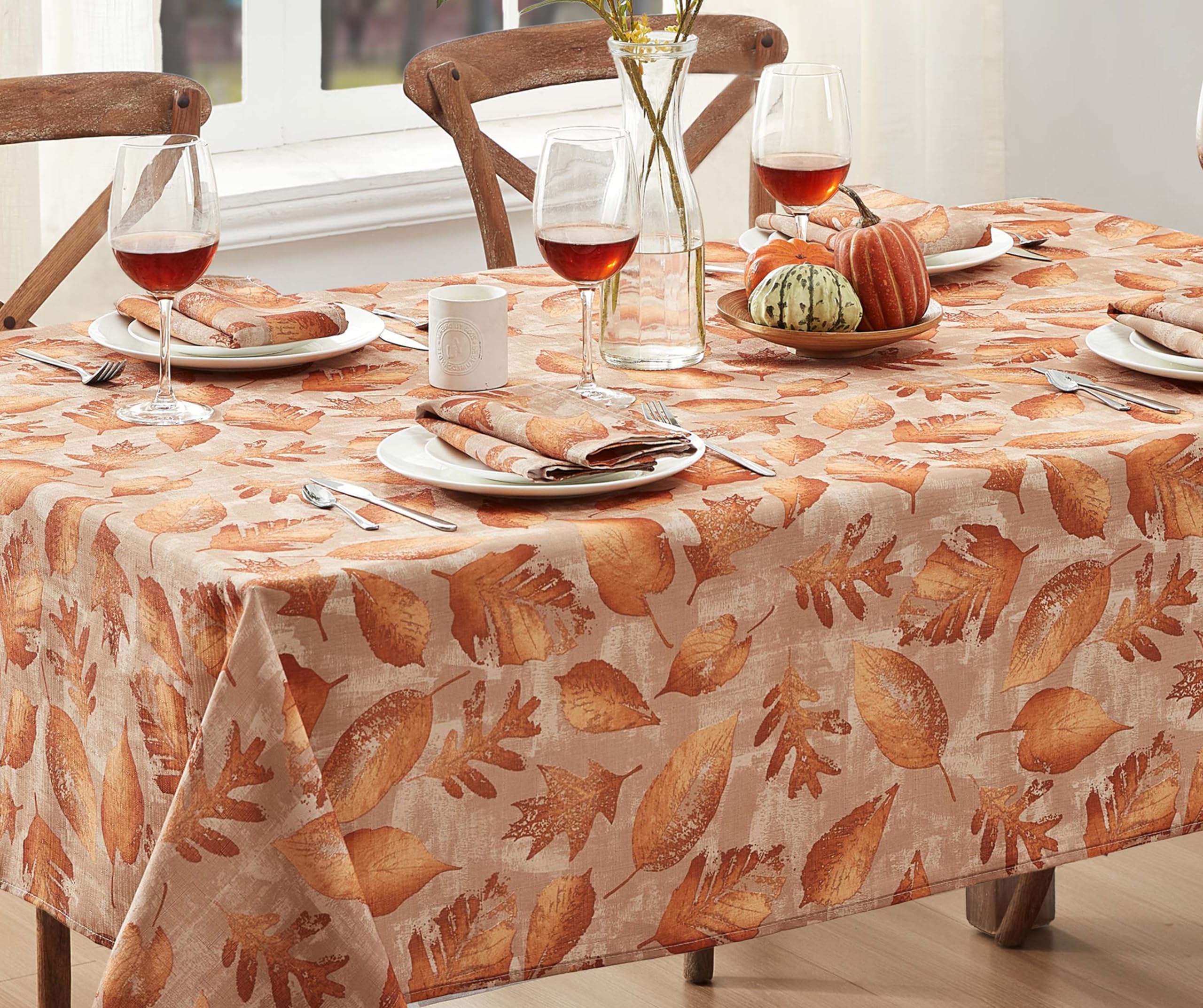 Newbridge Spring Lodge Taupe Metallic Foliage Contemporary Rectangle Fabric Tablecloth, 60 x 84 Inch, Autumn Golden Metallic Leaf Print, Soil Resistant No Iron Easy Care Holiday Dinner Table Cover - Image 7