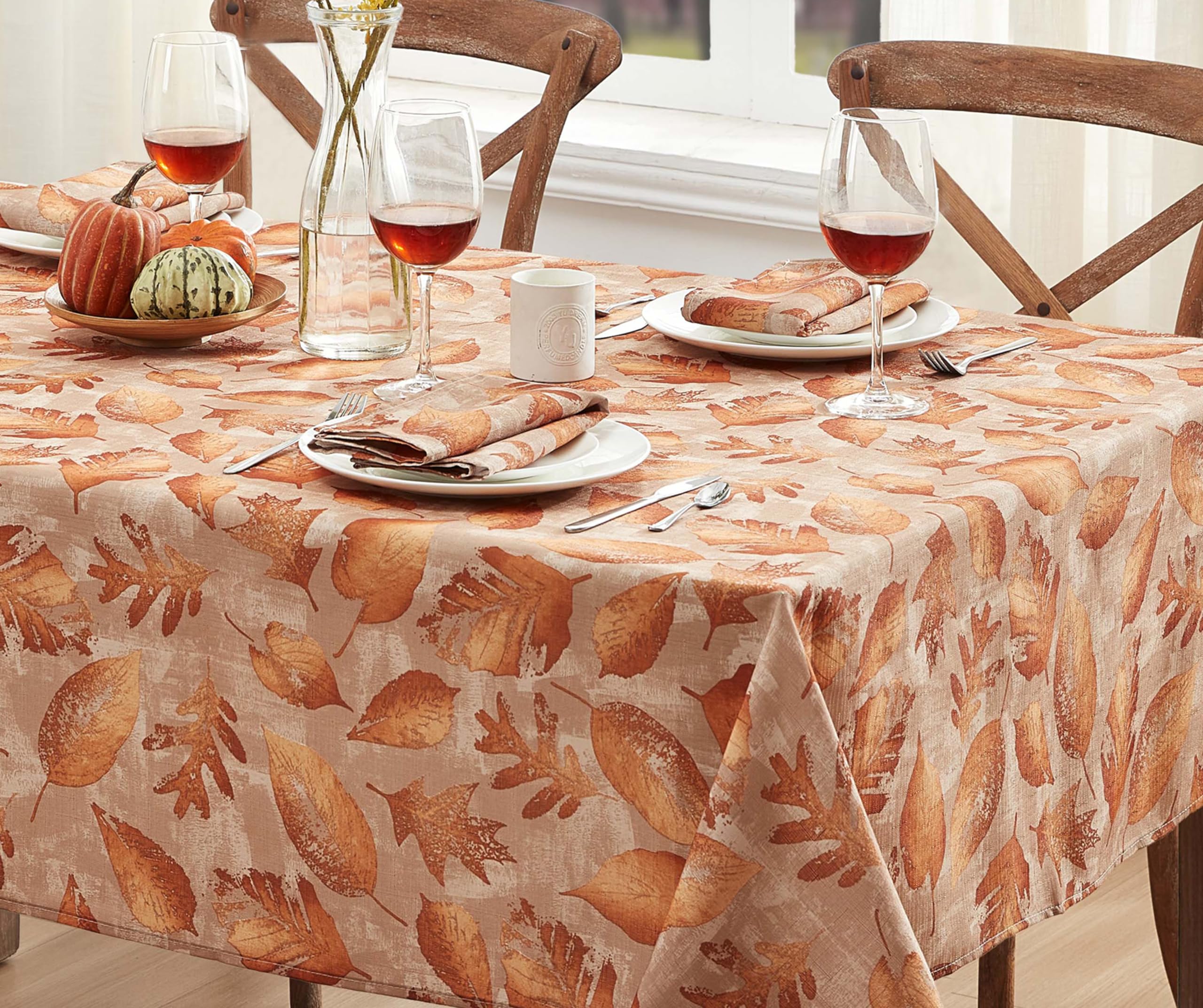 Newbridge Spring Lodge Taupe Metallic Foliage Contemporary Rectangle Fabric Tablecloth, 60 x 84 Inch, Autumn Golden Metallic Leaf Print, Soil Resistant No Iron Easy Care Holiday Dinner Table Cover - Image 8