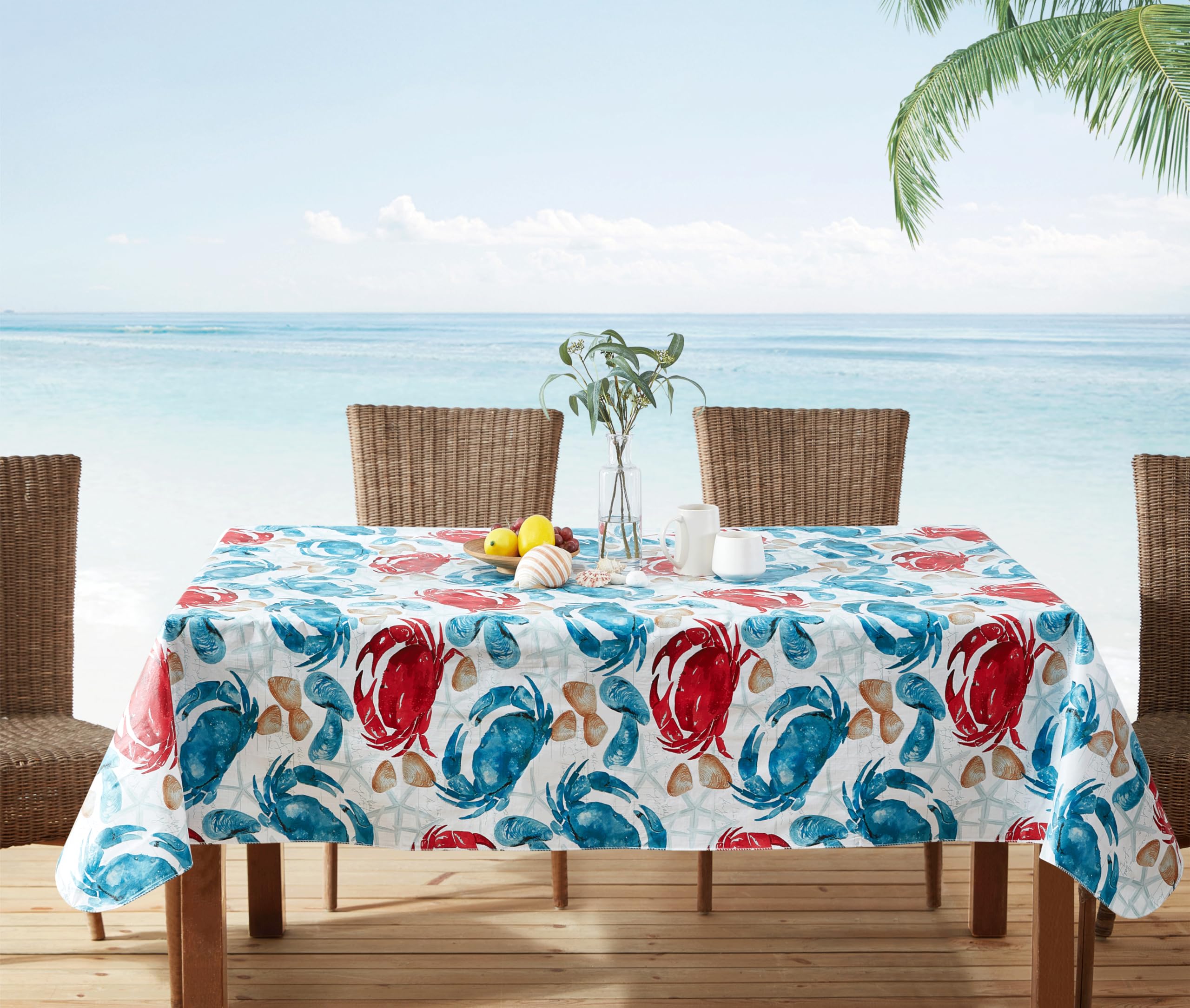Newbridge Spring Rectangle Vinyl Flannel Backed Tablecloth, 52 x 70 Inch, Stone Crab Print, Blue and Red Indoor Outdoor Waterproof Vinyl Table Cloth, Cape Cod Clambake - Image 3