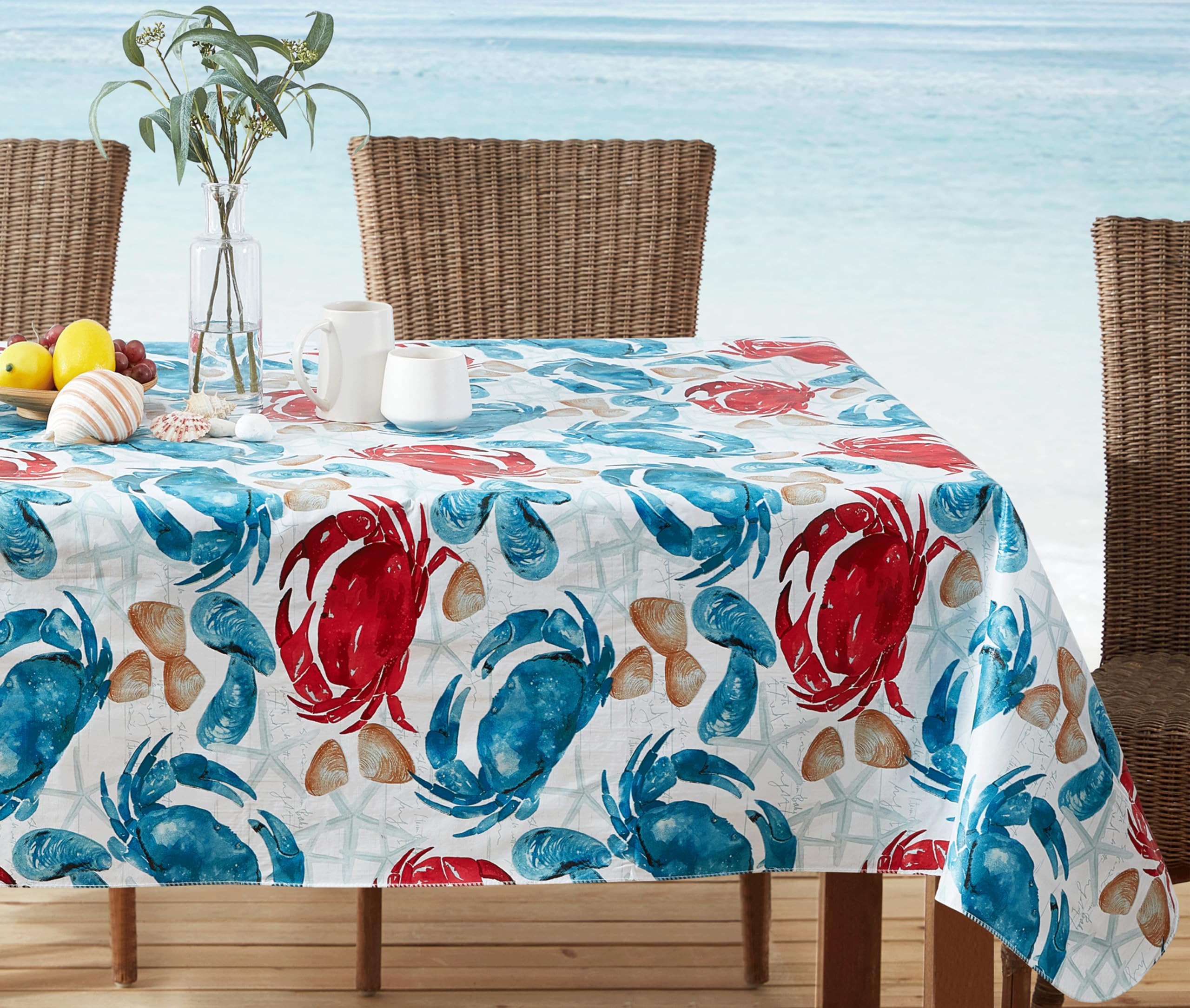 Newbridge Spring Rectangle Vinyl Flannel Backed Tablecloth, 52 x 70 Inch, Stone Crab Print, Blue and Red Indoor Outdoor Waterproof Vinyl Table Cloth, Cape Cod Clambake - Image 5