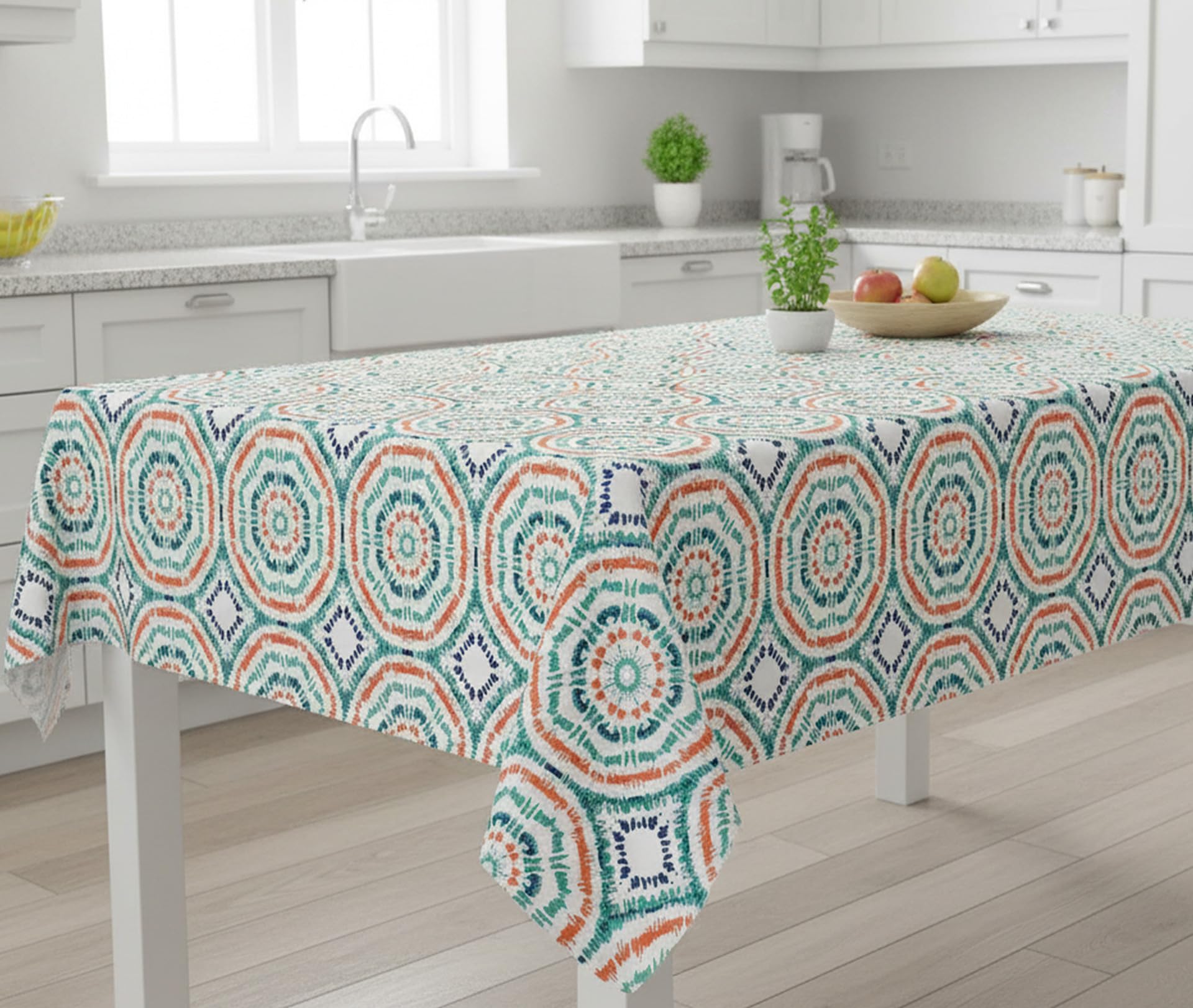 Newbridge Spring Whimsy Tie Dye Vinyl Tablecloth, 52 x 70 Inch Rectangle – Flannel Backed Geometric Table Cover for Dining, Picnics, and Barbecues, Green Orange Blue - Image 3