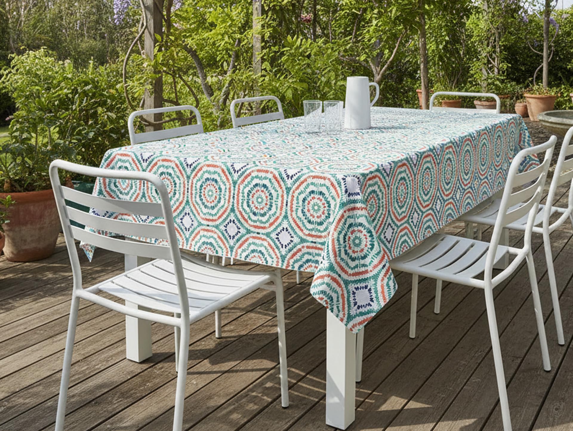 Newbridge Spring Whimsy Tie Dye Vinyl Tablecloth, 52 x 70 Inch Rectangle – Flannel Backed Geometric Table Cover for Dining, Picnics, and Barbecues, Green Orange Blue - Image 4