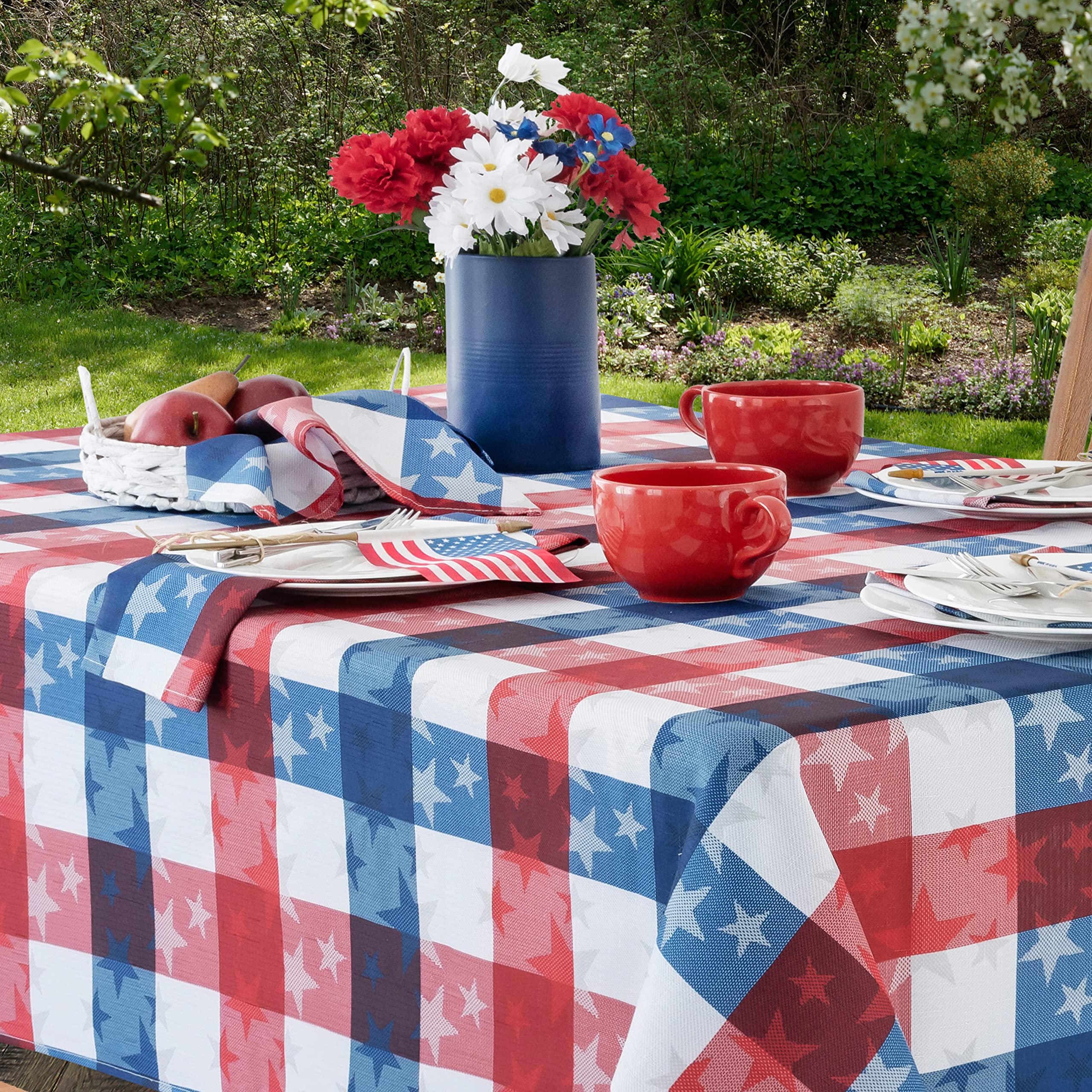 Newbridge Square Fabric Tablecloth, 52 x 52 Inch, American Tossed Stars, Indoor Outdoor Stain and Wrinkle Resistant Fabric Table Cover, Red White and Blue Plaid Americana, Patriotic - Image 3
