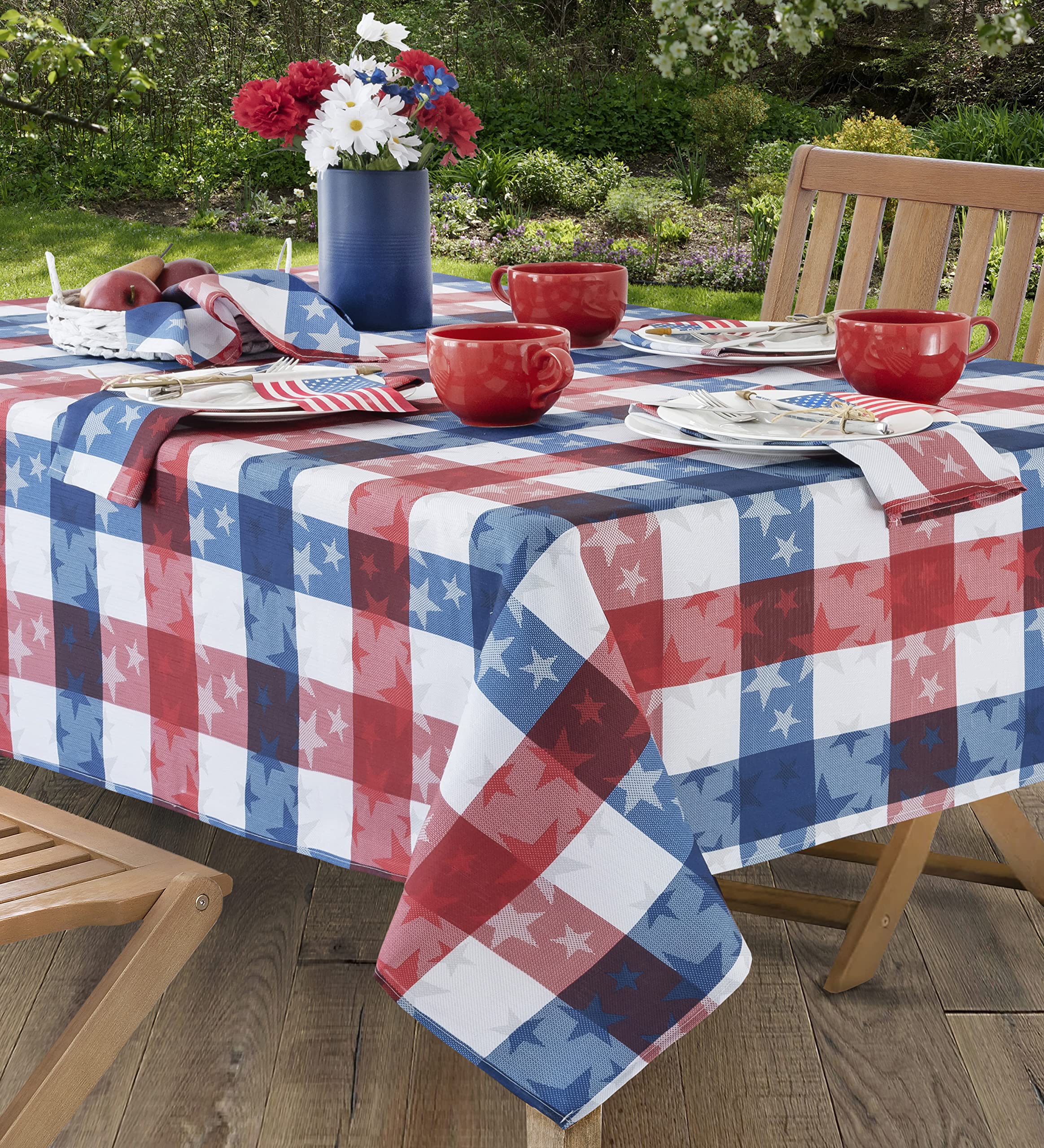Newbridge Square Fabric Tablecloth, 52 x 52 Inch, American Tossed Stars, Indoor Outdoor Stain and Wrinkle Resistant Fabric Table Cover, Red White and Blue Plaid Americana, Patriotic - Image 5