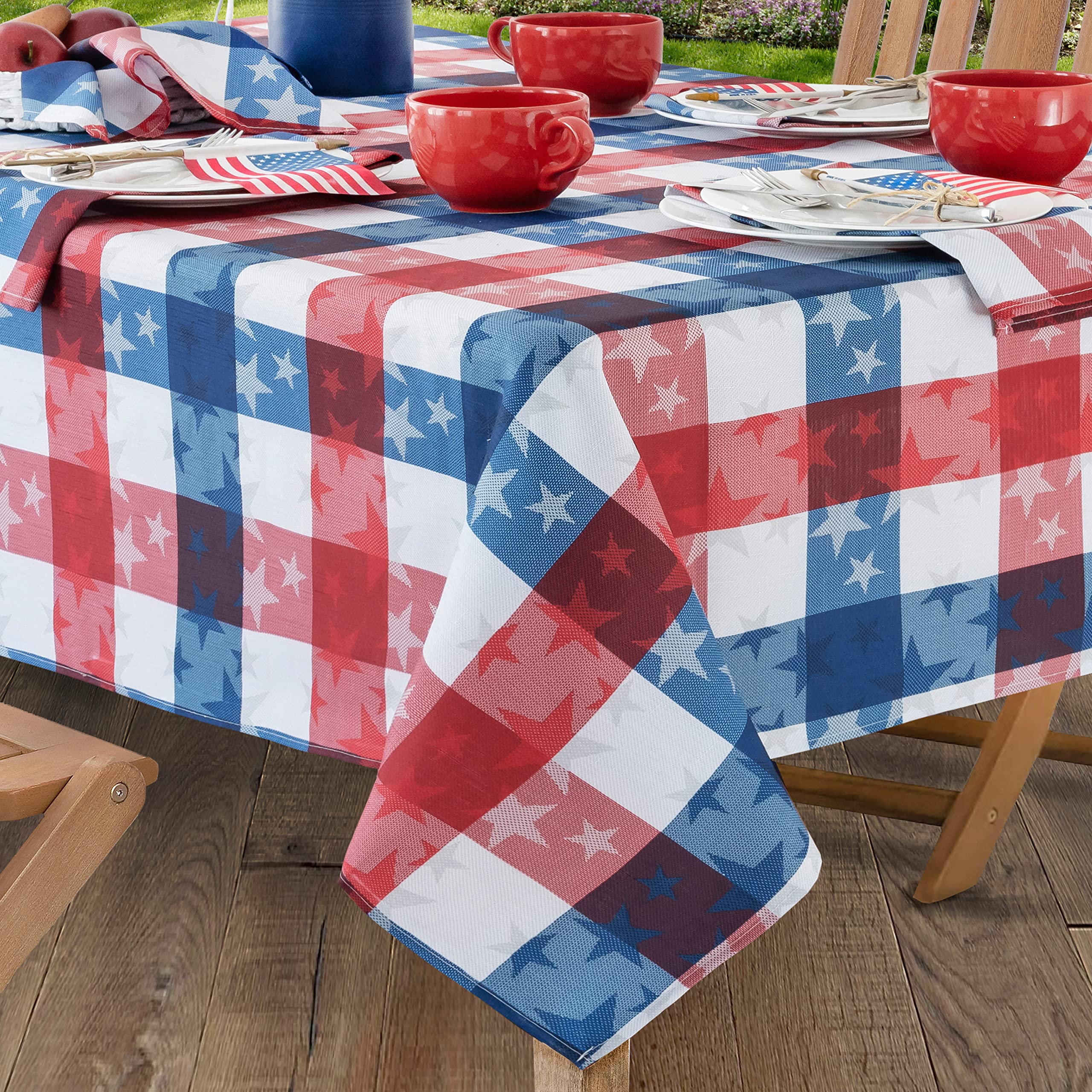 Newbridge Square Fabric Tablecloth, 52 x 52 Inch, American Tossed Stars, Indoor Outdoor Stain and Wrinkle Resistant Fabric Table Cover, Red White and Blue Plaid Americana, Patriotic - Image 6