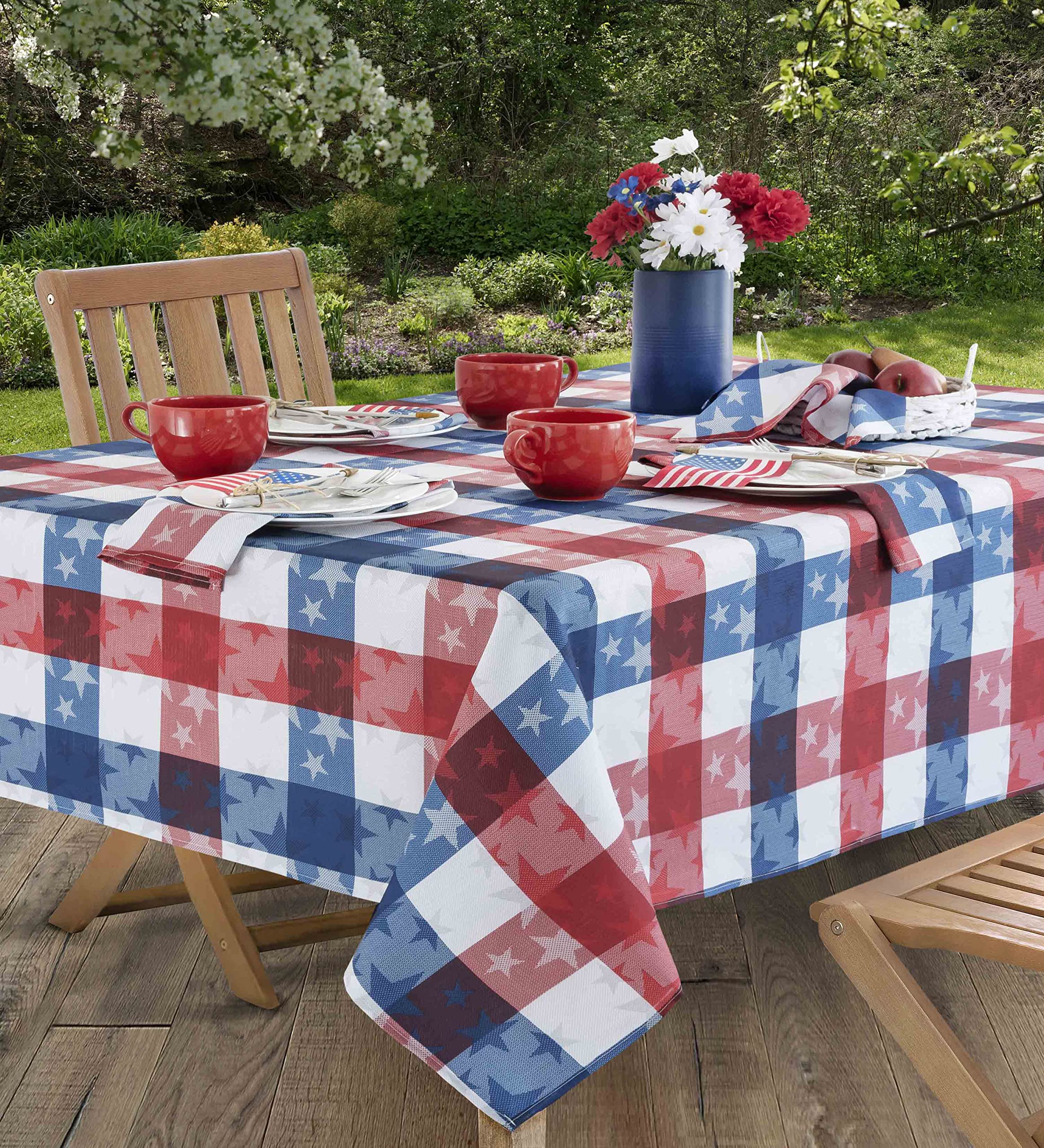 Newbridge Square Fabric Tablecloth, 52 x 52 Inch, American Tossed Stars, Indoor Outdoor Stain and Wrinkle Resistant Fabric Table Cover, Red White and Blue Plaid Americana, Patriotic - Image 7