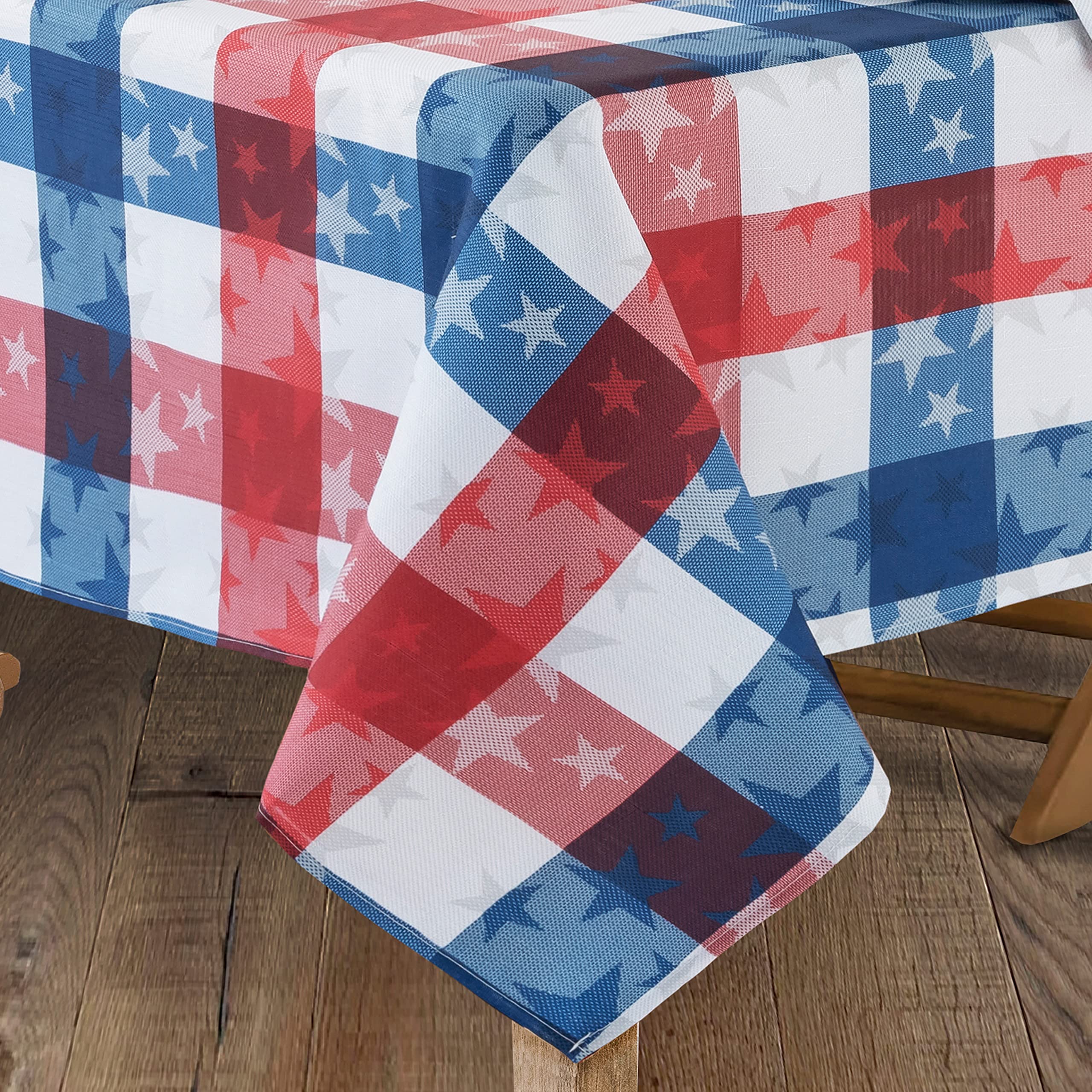 Newbridge Square Fabric Tablecloth, 52 x 52 Inch, American Tossed Stars, Indoor Outdoor Stain and Wrinkle Resistant Fabric Table Cover, Red White and Blue Plaid Americana, Patriotic - Image 8