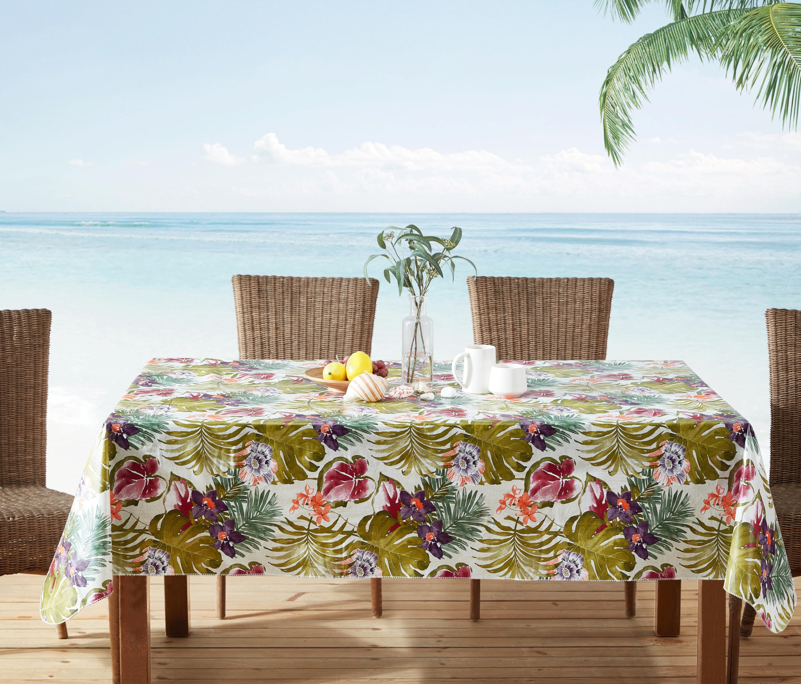 Newbridge Square Flannel Backed Tablecloth, 52 x 52 Inch, Kona Tropical Floral, Waterproof Vinyl Outdoor Patio Table Cloth, Rain Forest Pink Purple and Green - Image 3