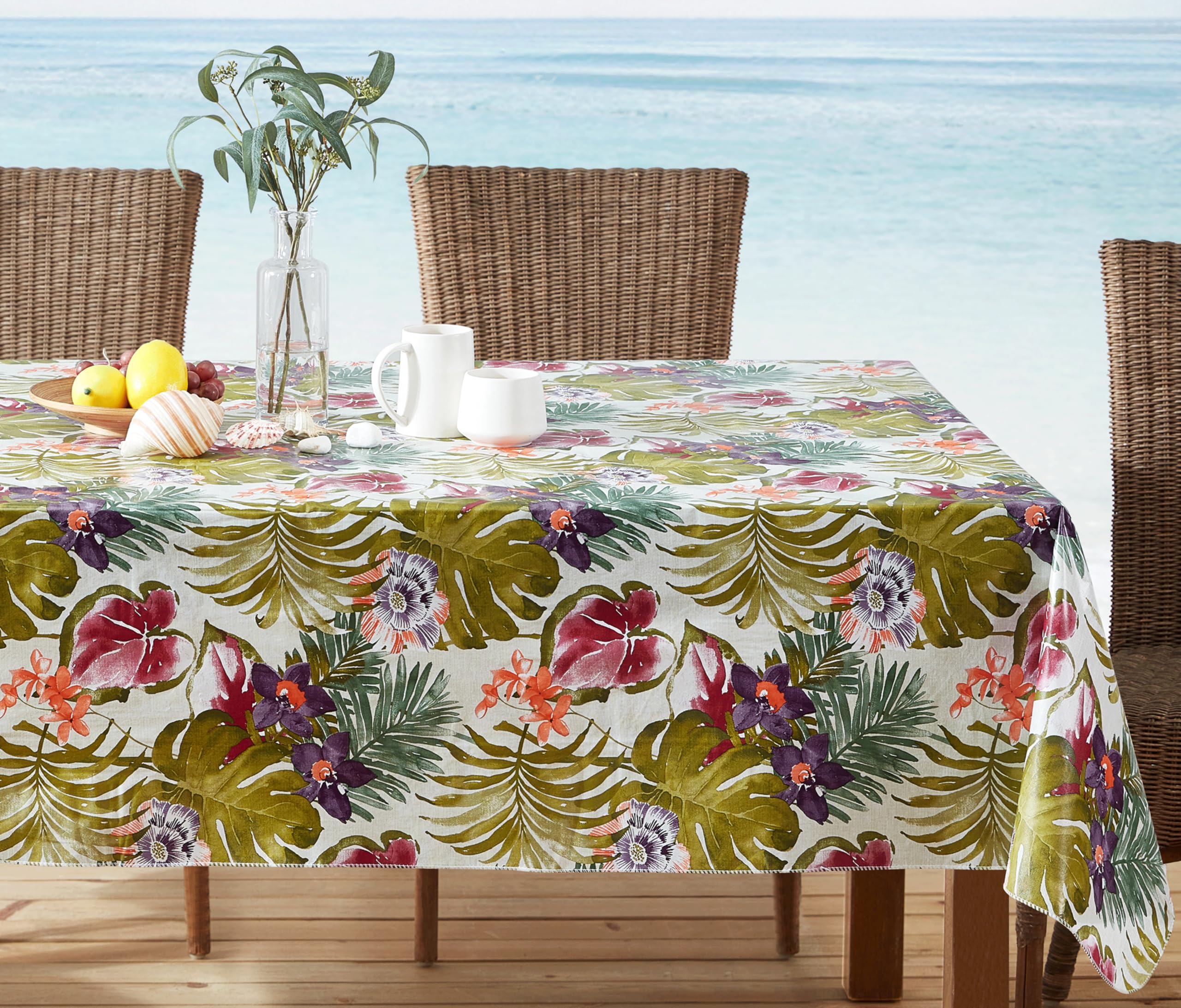 Newbridge Square Flannel Backed Tablecloth, 52 x 52 Inch, Kona Tropical Floral, Waterproof Vinyl Outdoor Patio Table Cloth, Rain Forest Pink Purple and Green - Image 5