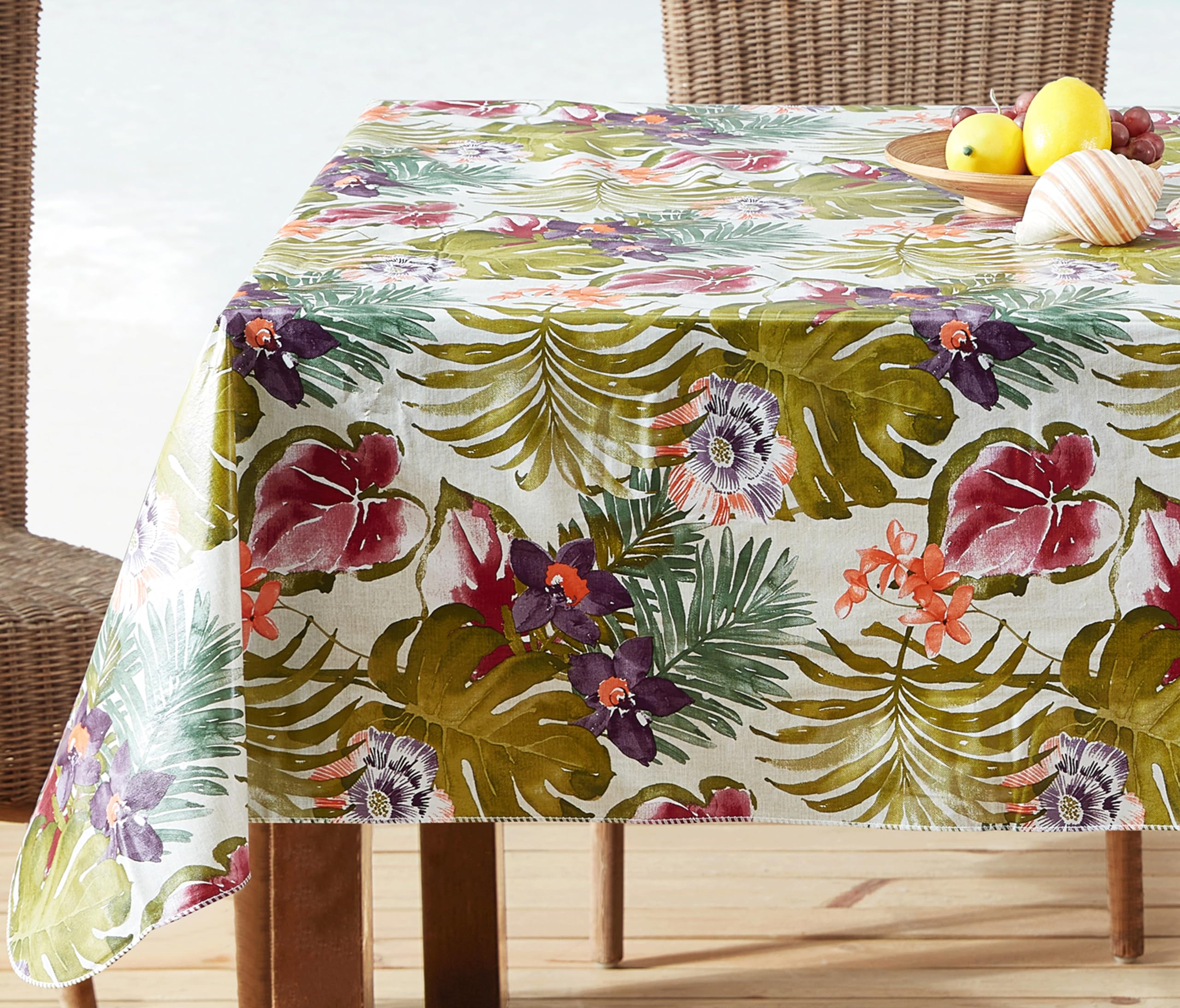Newbridge Square Flannel Backed Tablecloth, 52 x 52 Inch, Kona Tropical Floral, Waterproof Vinyl Outdoor Patio Table Cloth, Rain Forest Pink Purple and Green - Image 7
