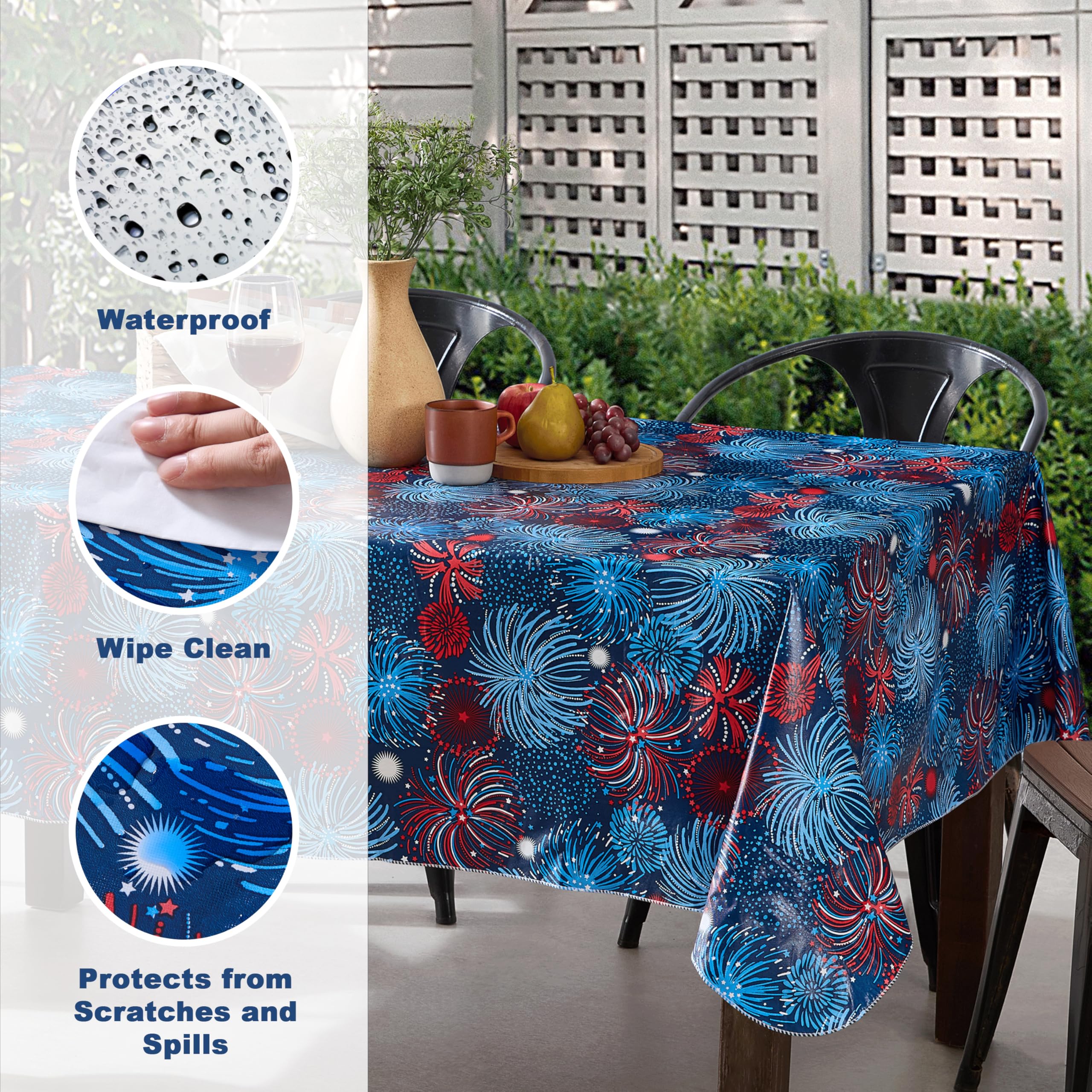 Newbridge Square Vinyl Flannel Backed Tablecloth, 52 x 52 Inch, Fireworks Celebration, Indoor/Outdoor Party Table Cover, Americana Red, White and Blue Fireworks, Barbecue Party - Image 3