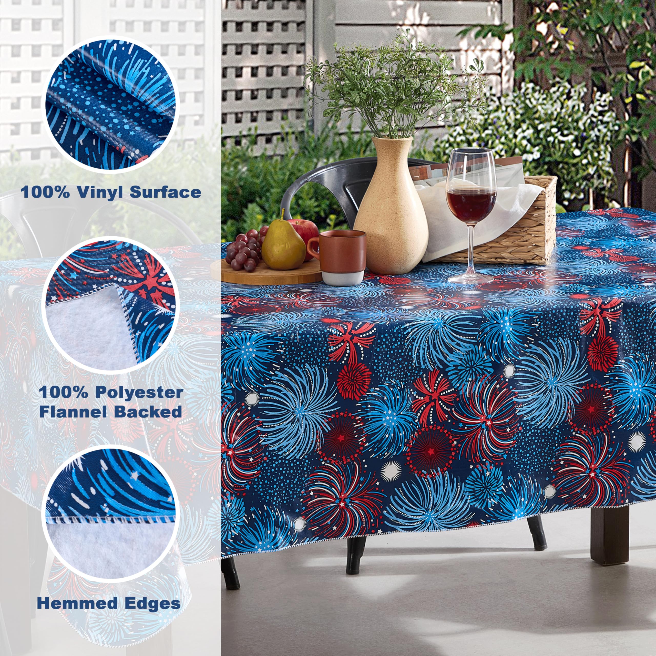 Newbridge Square Vinyl Flannel Backed Tablecloth, 52 x 52 Inch, Fireworks Celebration, Indoor/Outdoor Party Table Cover, Americana Red, White and Blue Fireworks, Barbecue Party - Image 4