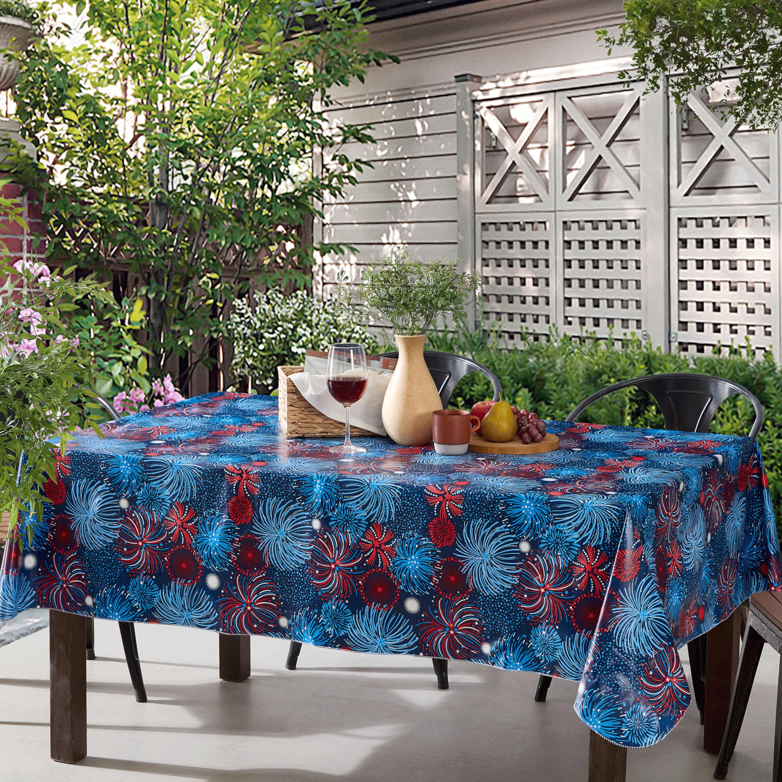 Newbridge Square Vinyl Flannel Backed Tablecloth, 52 x 52 Inch, Fireworks Celebration, Indoor/Outdoor Party Table Cover, Americana Red, White and Blue Fireworks, Barbecue Party - Image 5