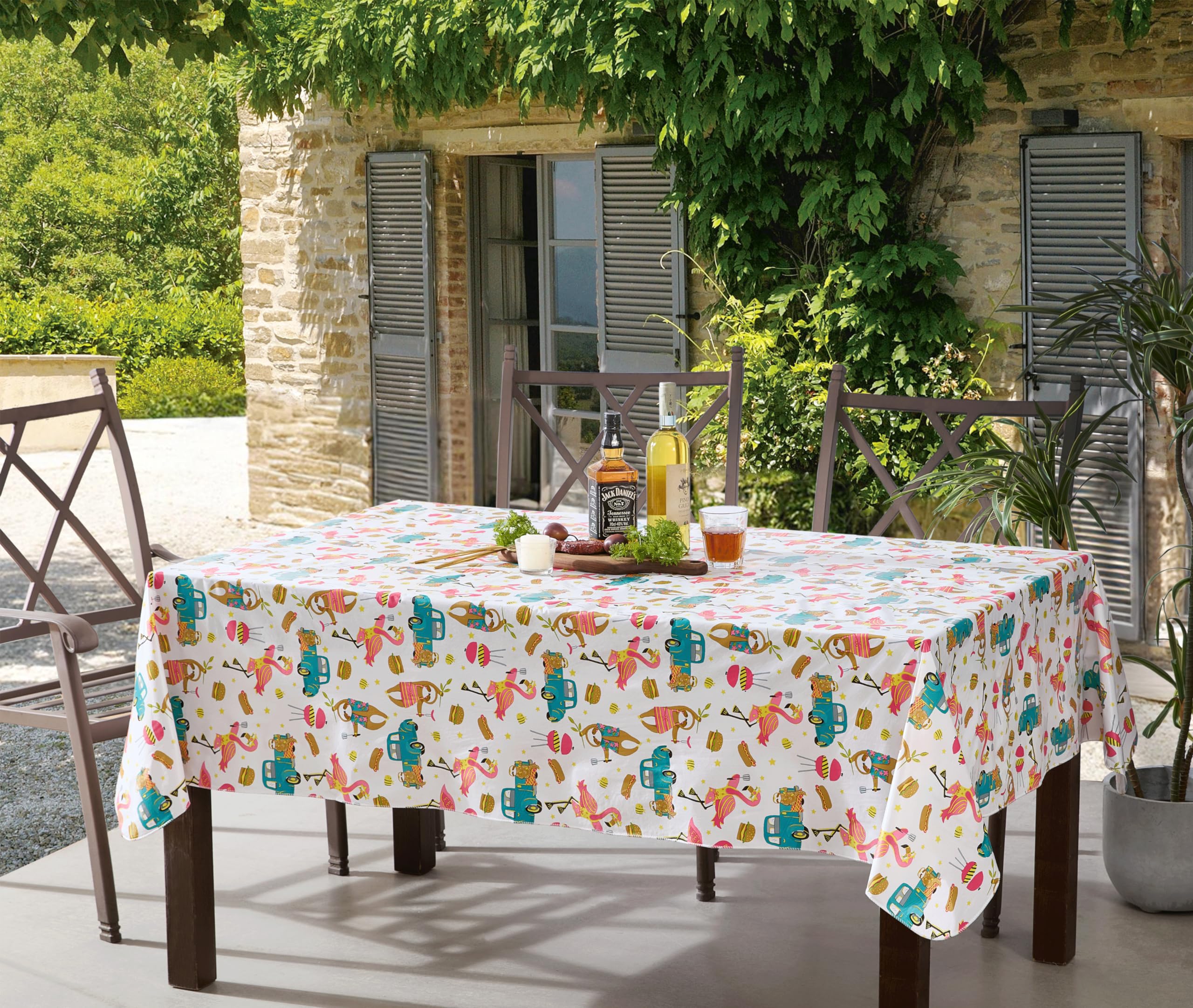 Newbridge Square Vinyl Flannel Backed Tablecloth, 52 x 52 Inch, What’s Cookin, Indoor Outdoor Vinyl Waterproof Table Cloth, Party Animals Flamingos and Sloths - Image 9