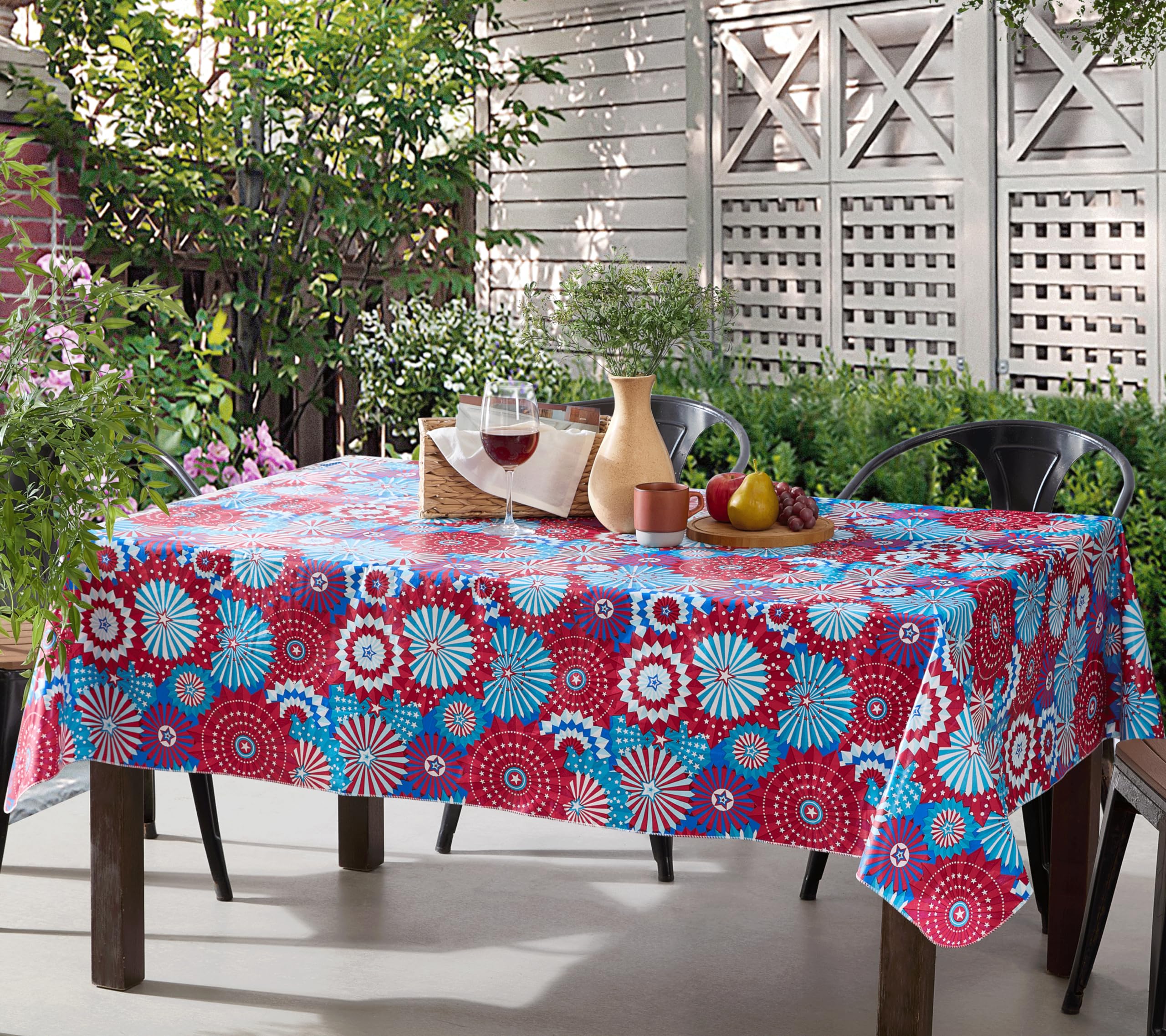 Newbridge Square Vinyl Tablecloth with Flannel Backing, 52 x 52 Inch, USA Pinwheel, Indoor/Outdoor Vinyl Table Cover, Red, White and Blue Celebration - Image 3