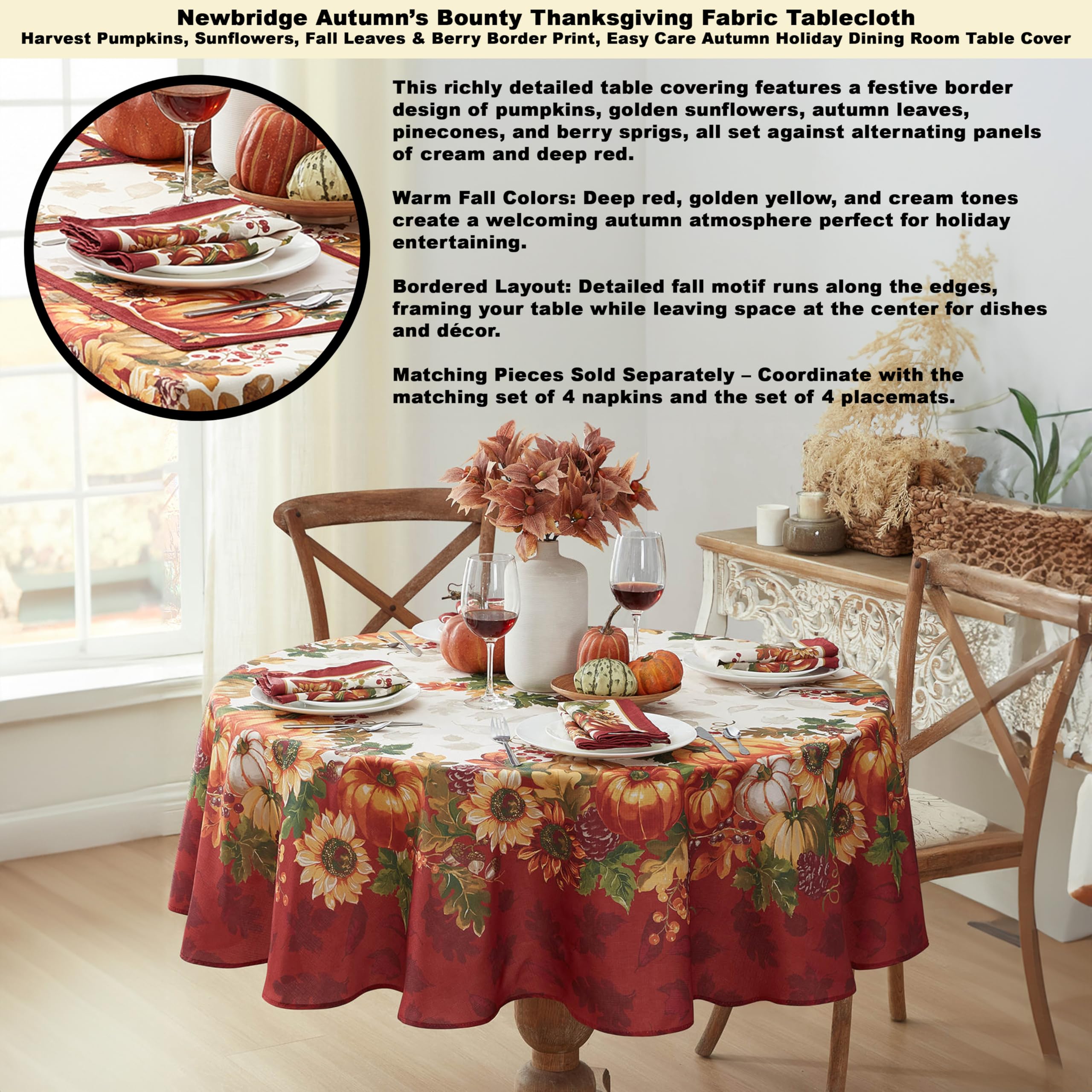 Newbridge Thanksgiving Autumns Bounty Bordered Round Fabric Tablecloth, 70 Inch Round Bountiful Farm Pumpkin Fall Harvest Multicolor Easy Care Table Cloth for Holiday Party - Image 3
