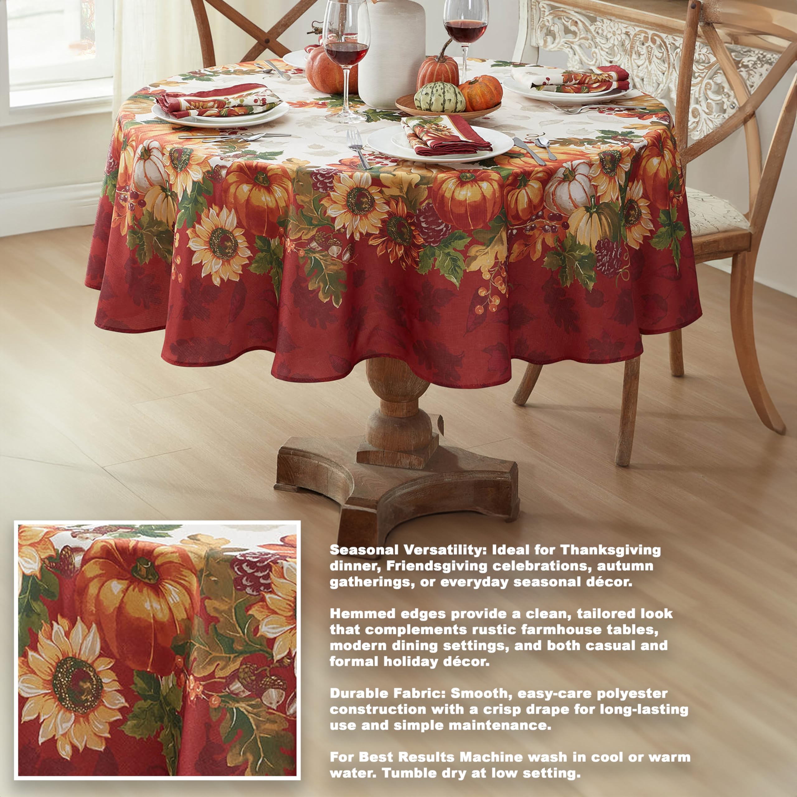 Newbridge Thanksgiving Autumns Bounty Bordered Round Fabric Tablecloth, 70 Inch Round Bountiful Farm Pumpkin Fall Harvest Multicolor Easy Care Table Cloth for Holiday Party - Image 4