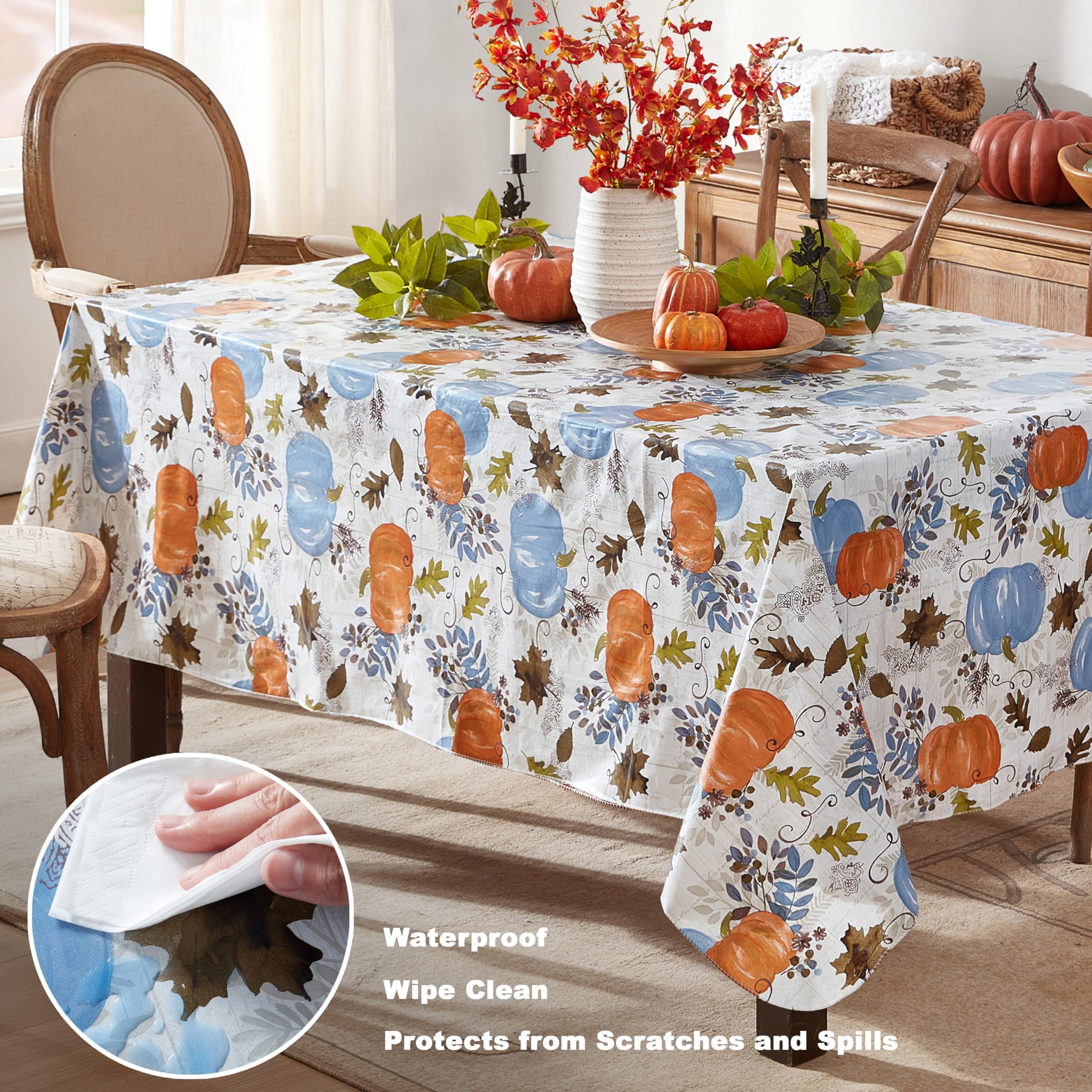 Newbridge Thanksgiving Blue Hampstead Farm Pumpkin Field Vinyl Tablecloth with Flannel Backing Fall Harvest Design, 52 x 52 Inch Square Table Cover - Image 3