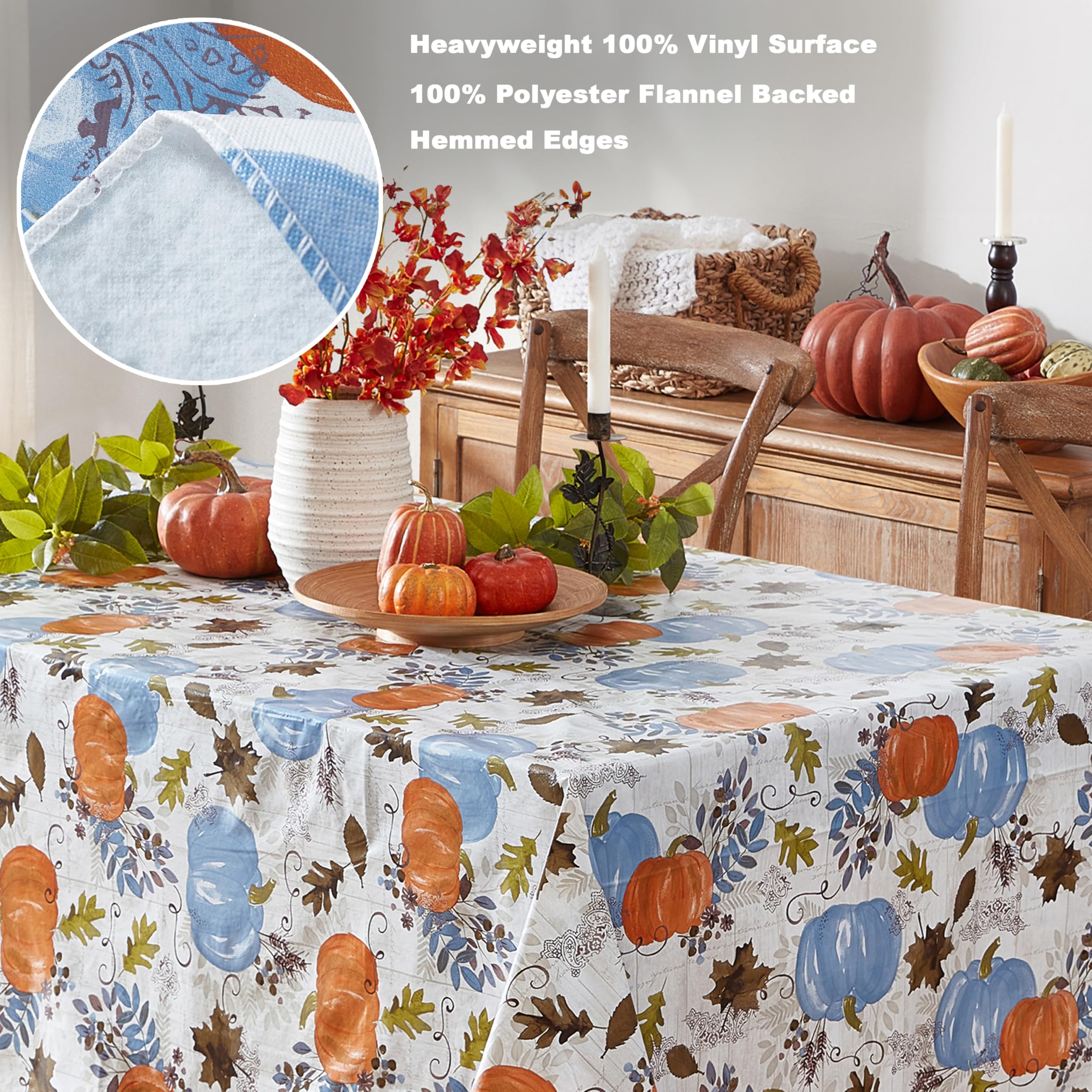Newbridge Thanksgiving Blue Hampstead Farm Pumpkin Field Vinyl Tablecloth with Flannel Backing Fall Harvest Design, 52 x 52 Inch Square Table Cover - Image 4
