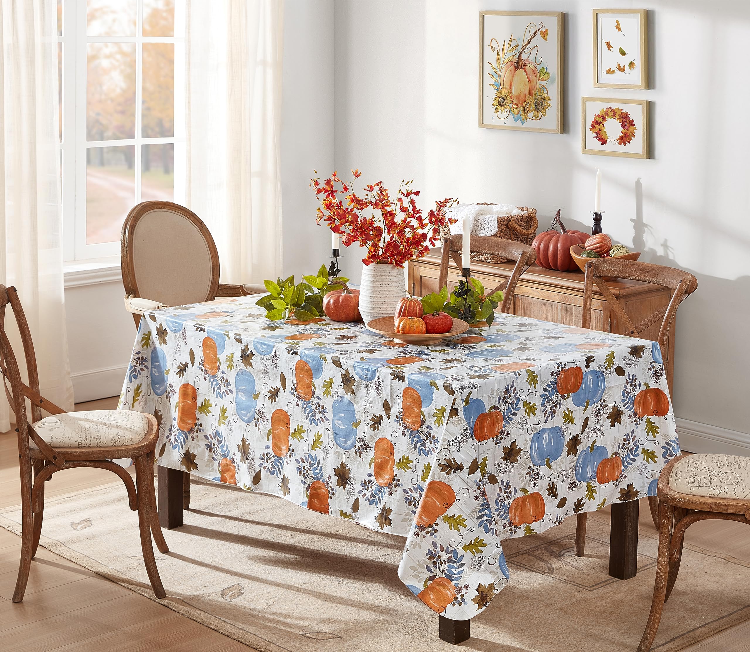 Newbridge Thanksgiving Blue Hampstead Farm Pumpkin Field Vinyl Tablecloth with Flannel Backing Fall Harvest Design, 52 x 52 Inch Square Table Cover - Image 5