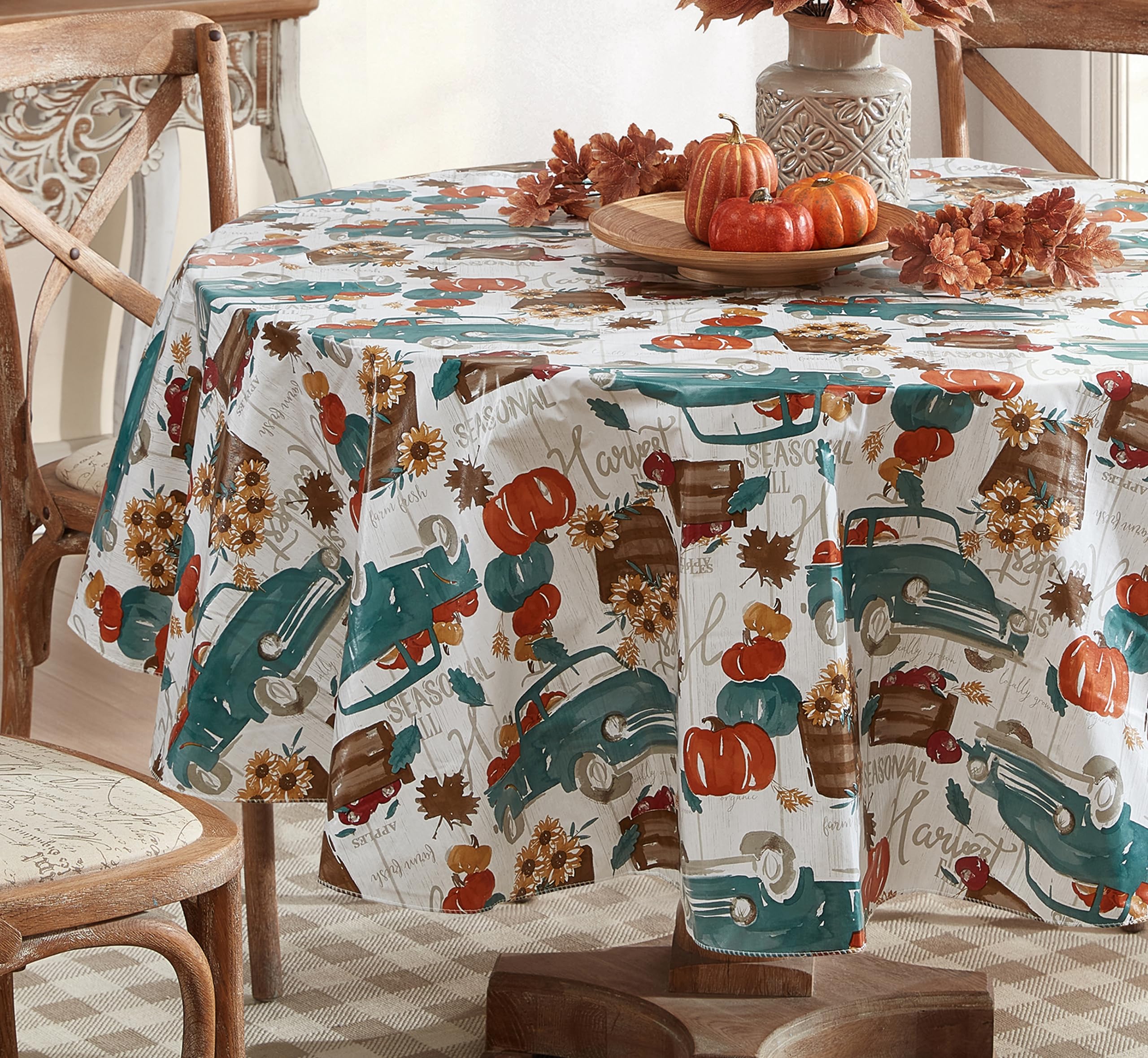 Newbridge Thanksgiving Blue Vintage Farm Truck Vinyl Tablecloth with Flannel Backing Fall Harvest Design, 70 Inch Round - Image 6