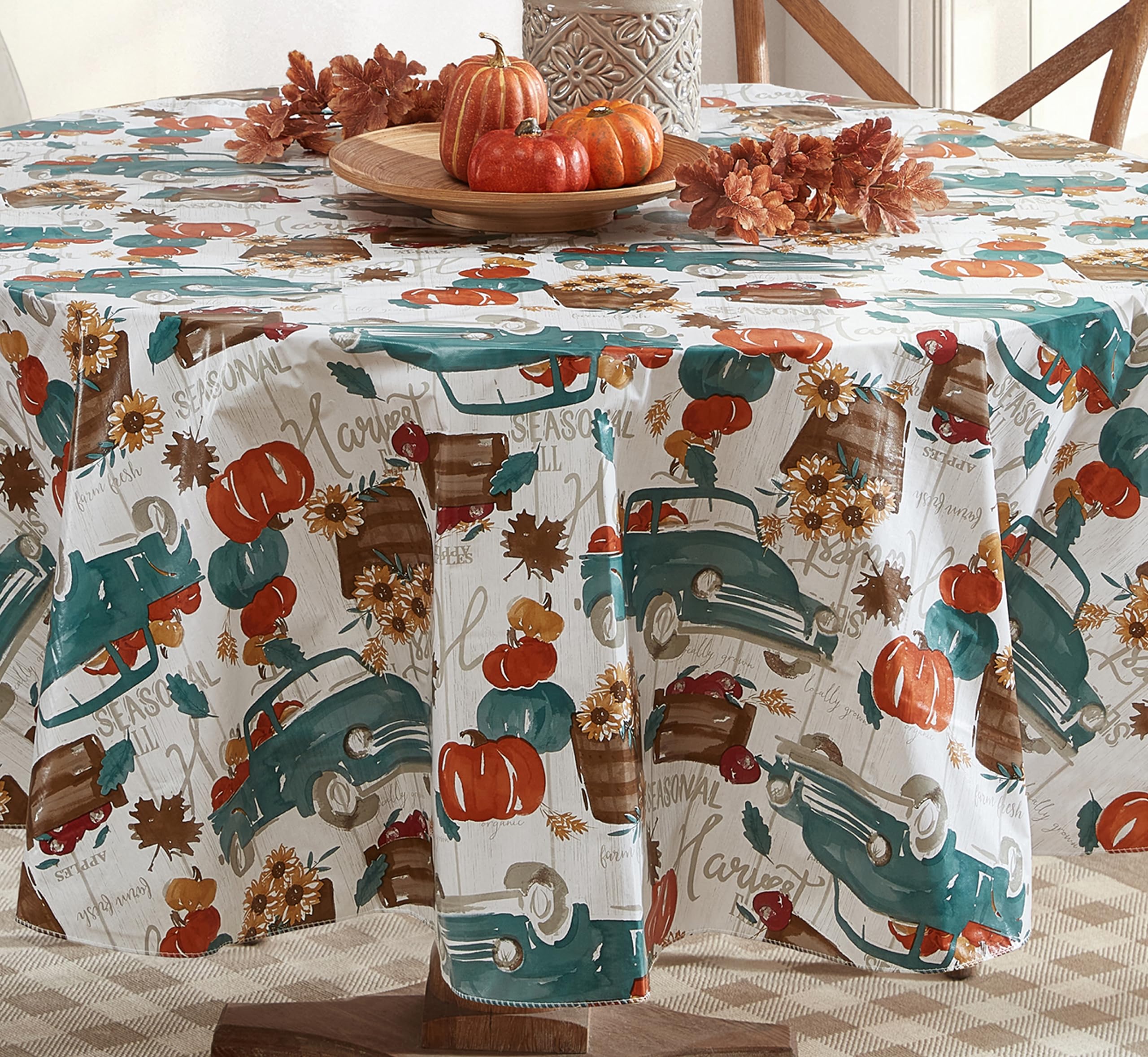 Newbridge Thanksgiving Blue Vintage Farm Truck Vinyl Tablecloth with Flannel Backing Fall Harvest Design, 70 Inch Round - Image 7