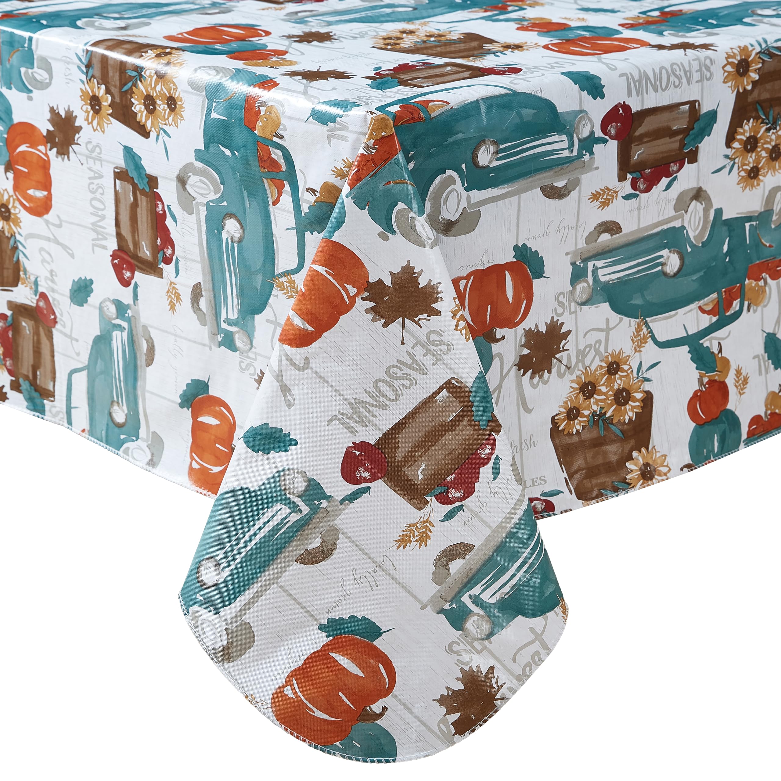 Newbridge Thanksgiving Blue Vintage Farm Truck Vinyl Tablecloth with Flannel Backing Fall Harvest Design, 70 Inch Round - Image 8